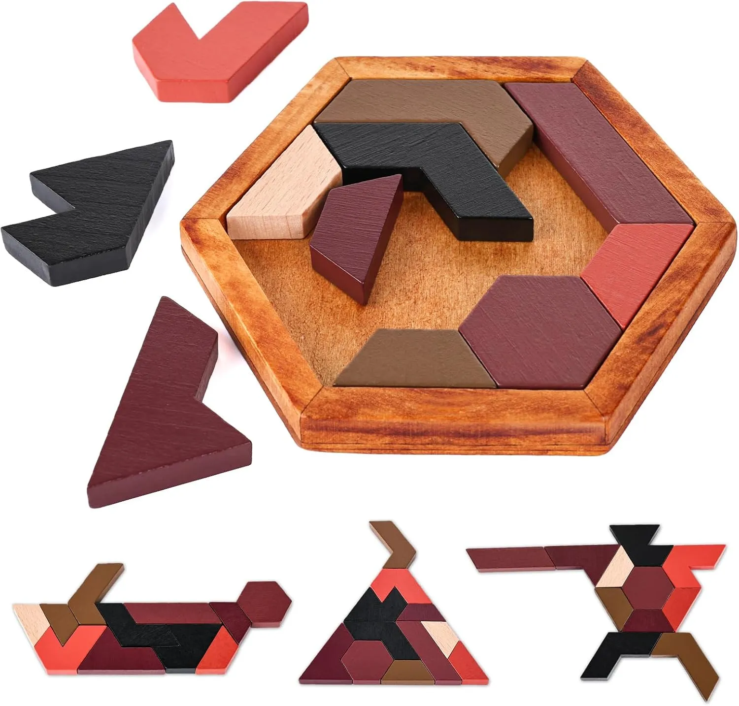 3 otters Hexagon Tangram Puzzle, Wooden Brain Puzzles Challenging Wooden Brain Teasers Puzzle Games Brain Games for Kids Family Party Gift, Christmas Stocking Stuffers