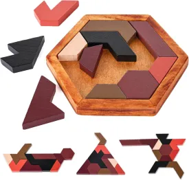 3 otters Hexagon Tangram Puzzle, Wooden Brain Puzzles Challenging Wooden Brain Teasers Puzzle Games Brain Games for Kids Family Party Gift, Christmas Stocking Stuffers