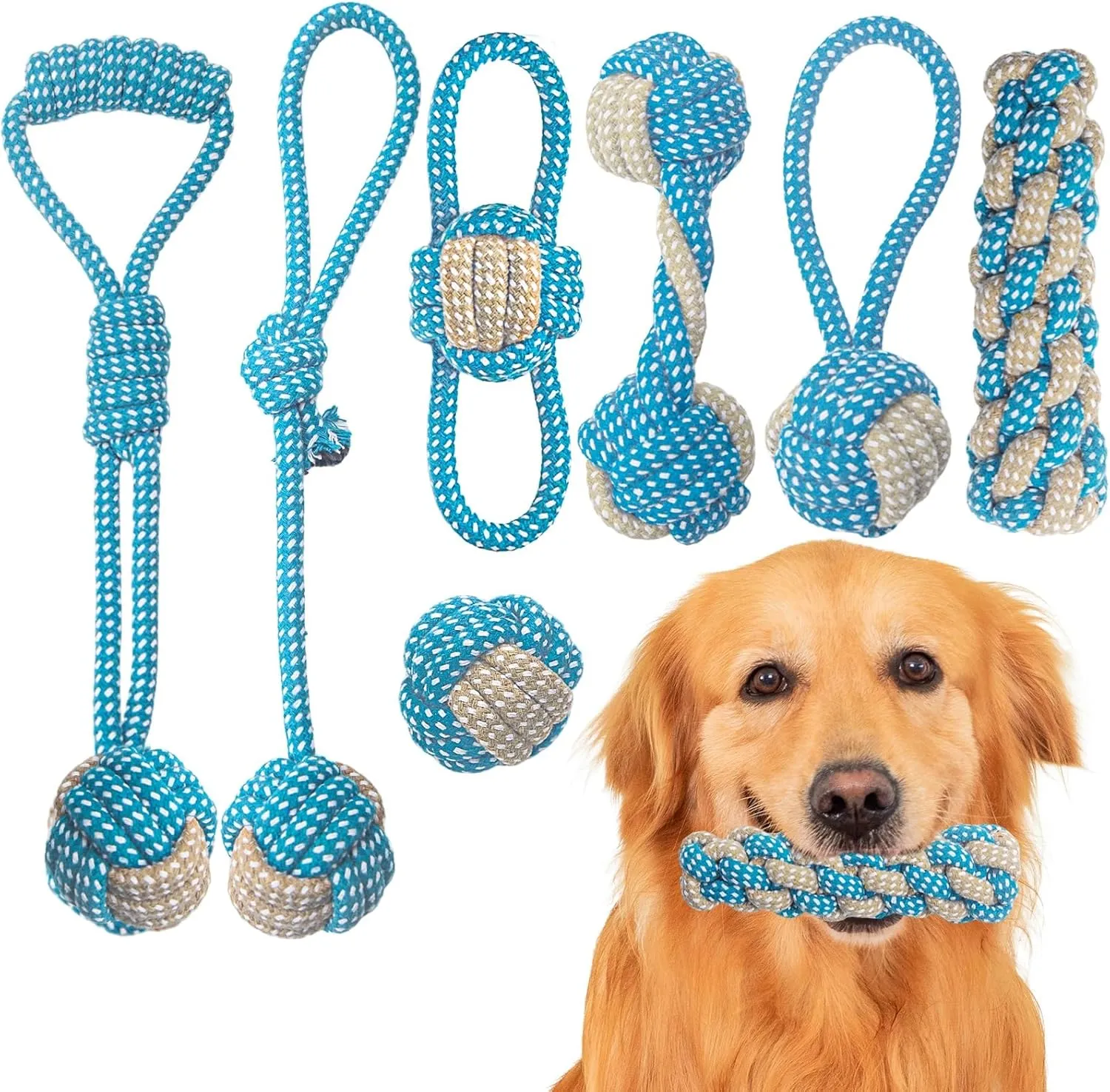 7 Pack Puppy Rope Toys - Variety of Cotton Rope Toys for Small Dogs, Teething, Chewing & Keeping Dogs from Being Bored - Blue