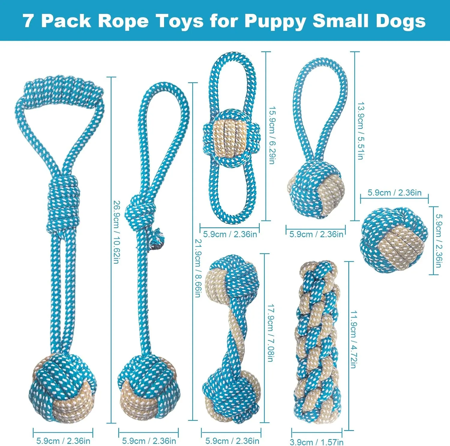 7 Pack Puppy Rope Toys - Variety of Cotton Rope Toys for Small Dogs, Teething, Chewing & Keeping Dogs from Being Bored - Blue