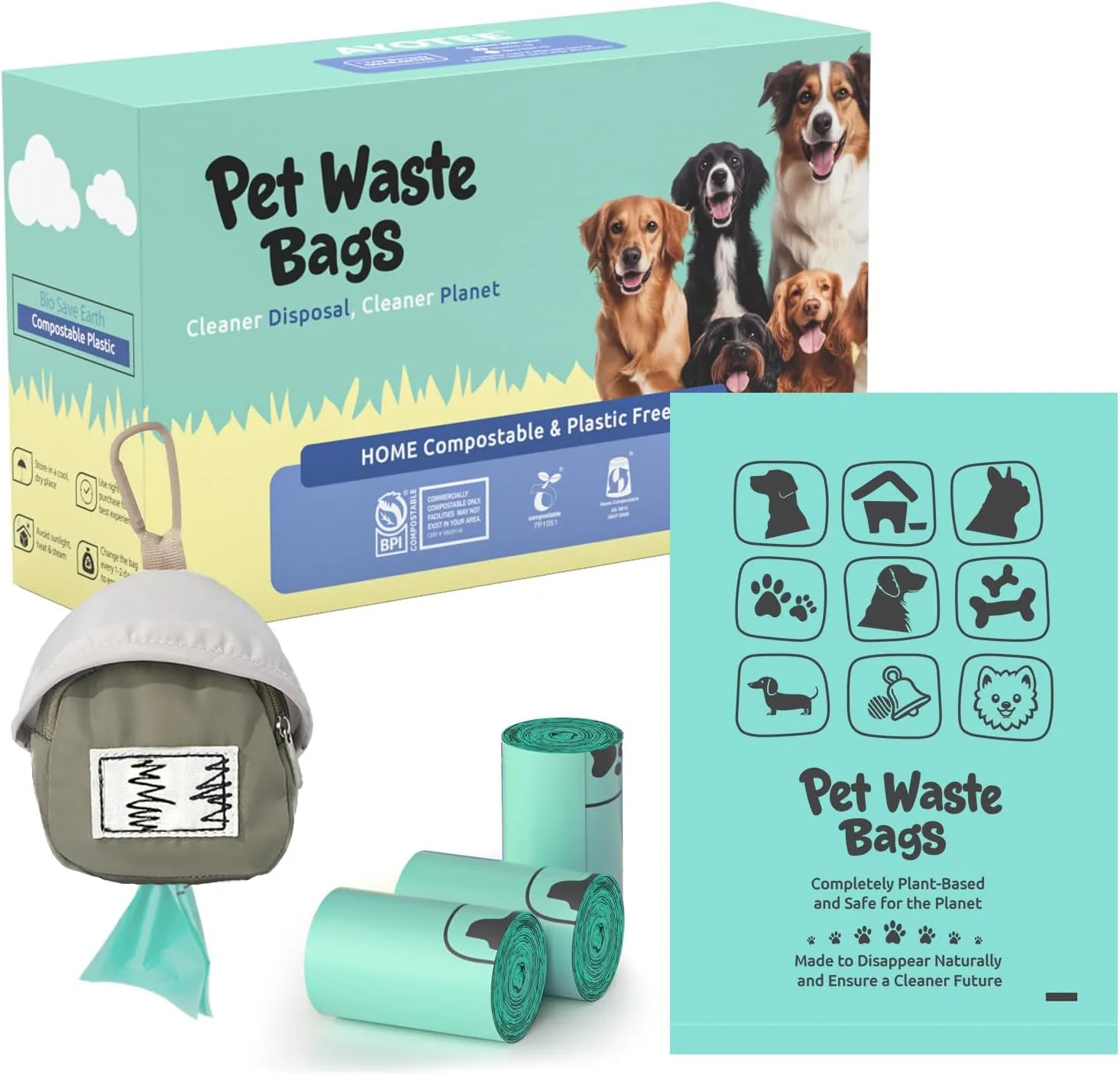 AYOTEE 280 Count Certified Compostable Dog Poop Bags with Dispenser, 100 Percent Biodegradable Poop Bags for Dogs, ASTM D6400 & EN 13432 Compliant, Extra Thick, Leakproof Dog Waste Bags