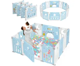 Baby Playpen, Dripex Foldable Playpen for Babies and Toddlers, Custom Shape Baby Fence, Safety Play Yard with Gate, Portable Play Area for Indoor or Outdoor, Blue White, 14 Panel