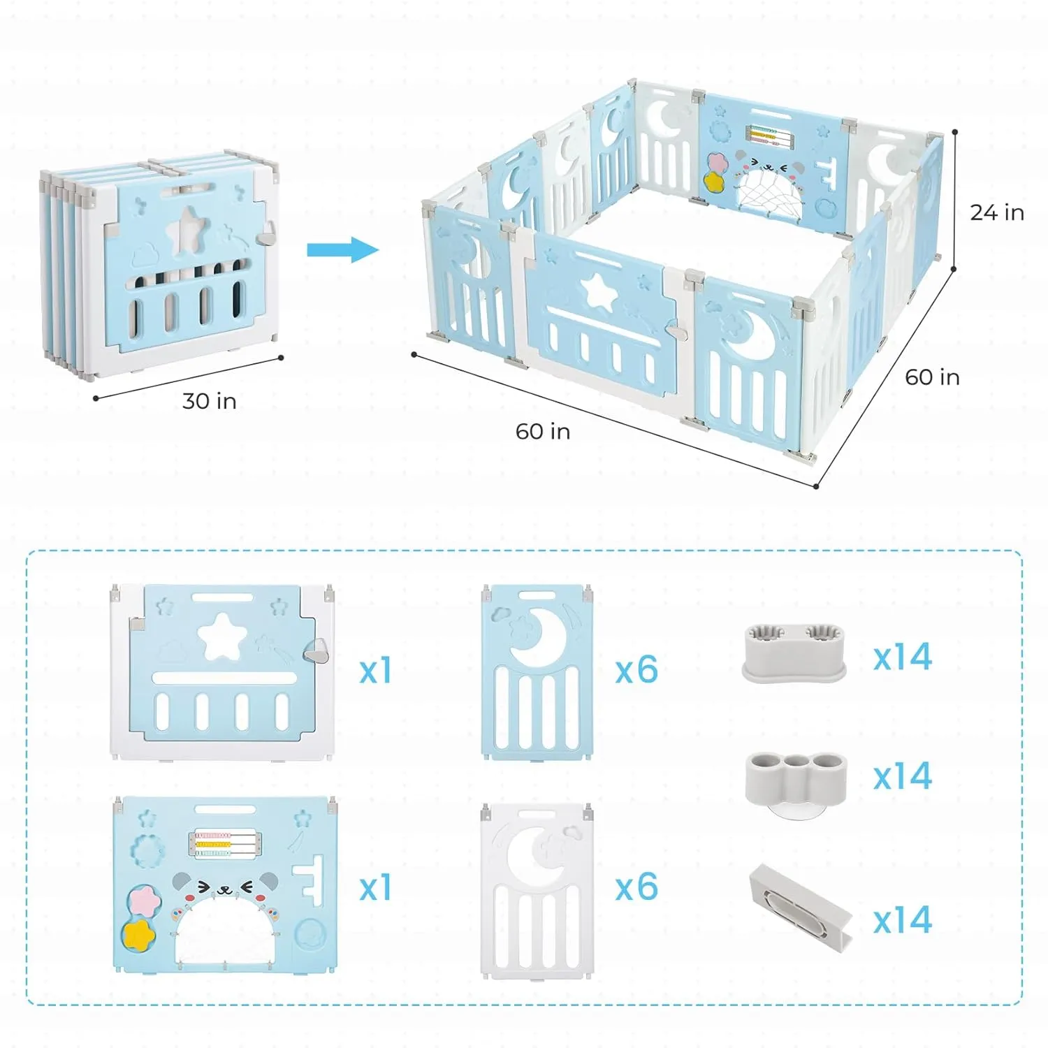 Baby Playpen, Dripex Foldable Playpen for Babies and Toddlers, Custom Shape Baby Fence, Safety Play Yard with Gate, Portable Play Area for Indoor or Outdoor, Blue White, 14 Panel