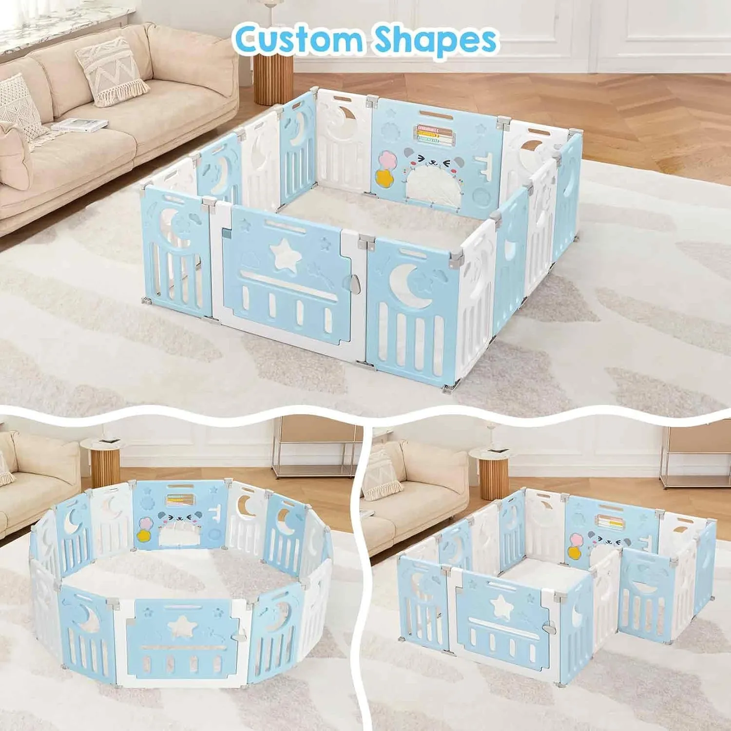 Baby Playpen, Dripex Foldable Playpen for Babies and Toddlers, Custom Shape Baby Fence, Safety Play Yard with Gate, Portable Play Area for Indoor or Outdoor, Blue White, 14 Panel