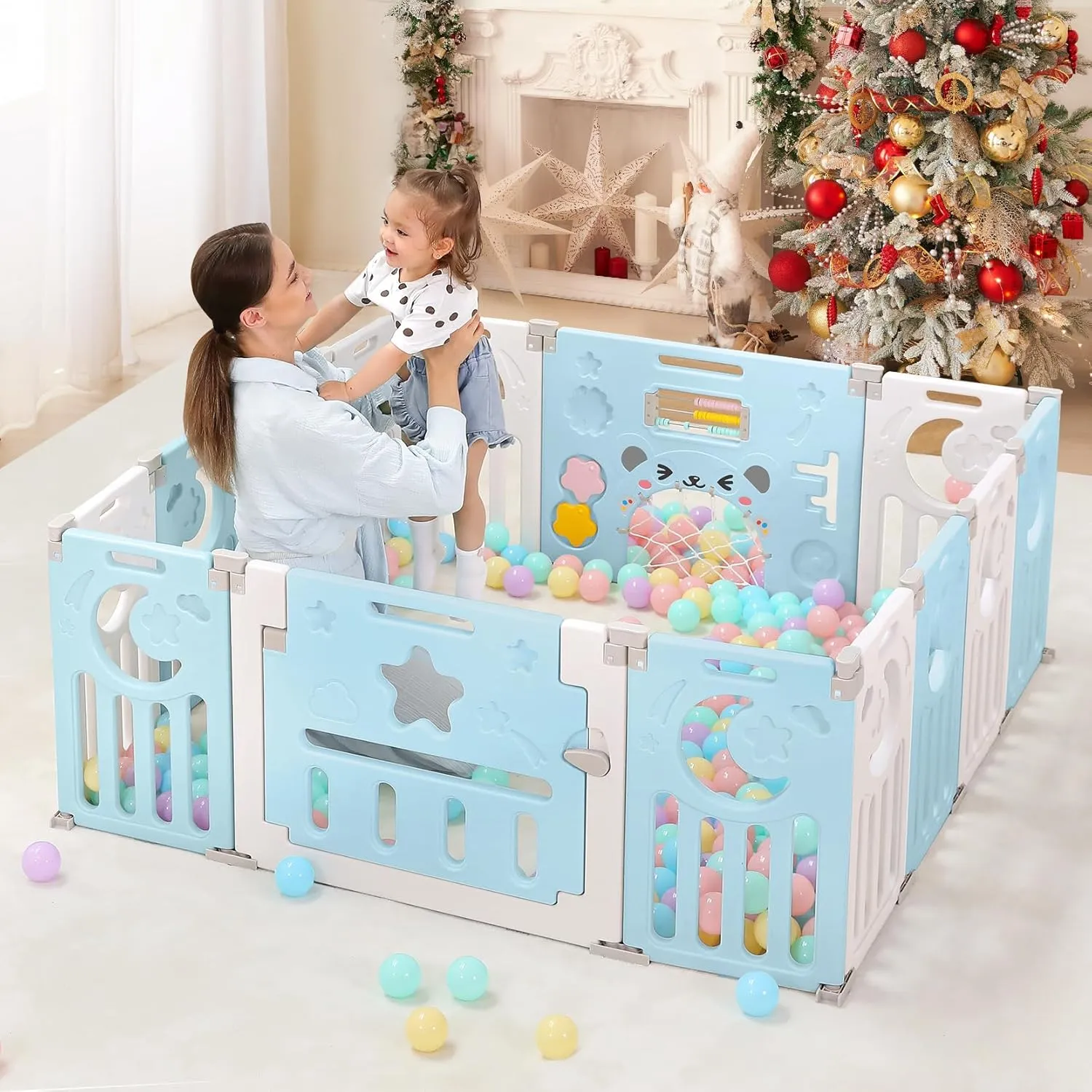 Baby Playpen, Dripex Foldable Playpen for Babies and Toddlers, Custom Shape Baby Fence, Safety Play Yard with Gate, Portable Play Area for Indoor or Outdoor, Blue White, 14 Panel