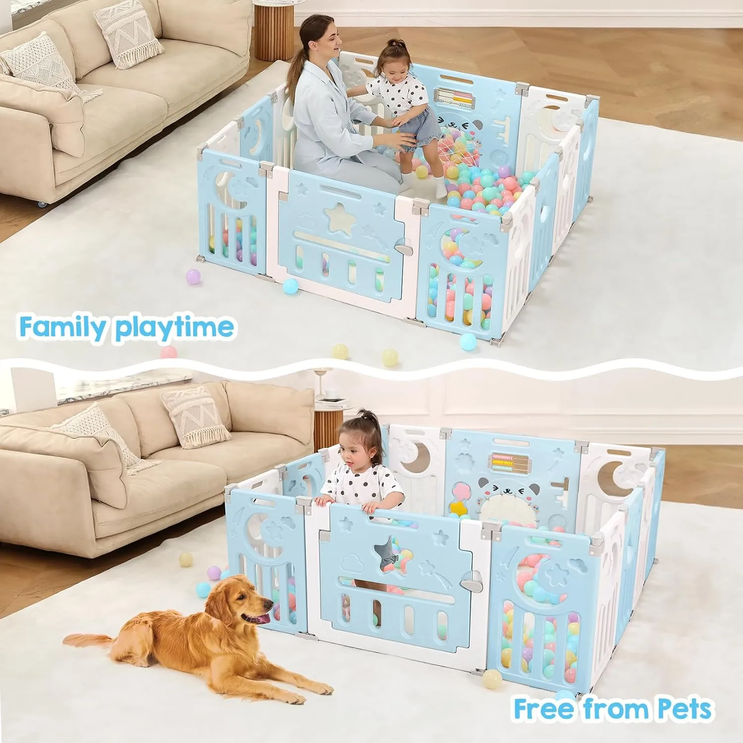 Baby Playpen, Dripex Foldable Playpen for Babies and Toddlers, Custom Shape Baby Fence, Safety Play Yard with Gate, Portable Play Area for Indoor or Outdoor, Blue White, 14 Panel