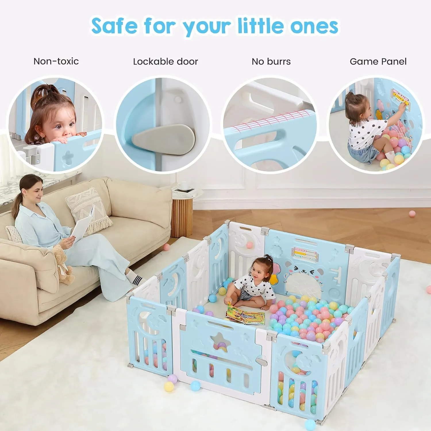 Baby Playpen, Dripex Foldable Playpen for Babies and Toddlers, Custom Shape Baby Fence, Safety Play Yard with Gate, Portable Play Area for Indoor or Outdoor, Blue White, 14 Panel