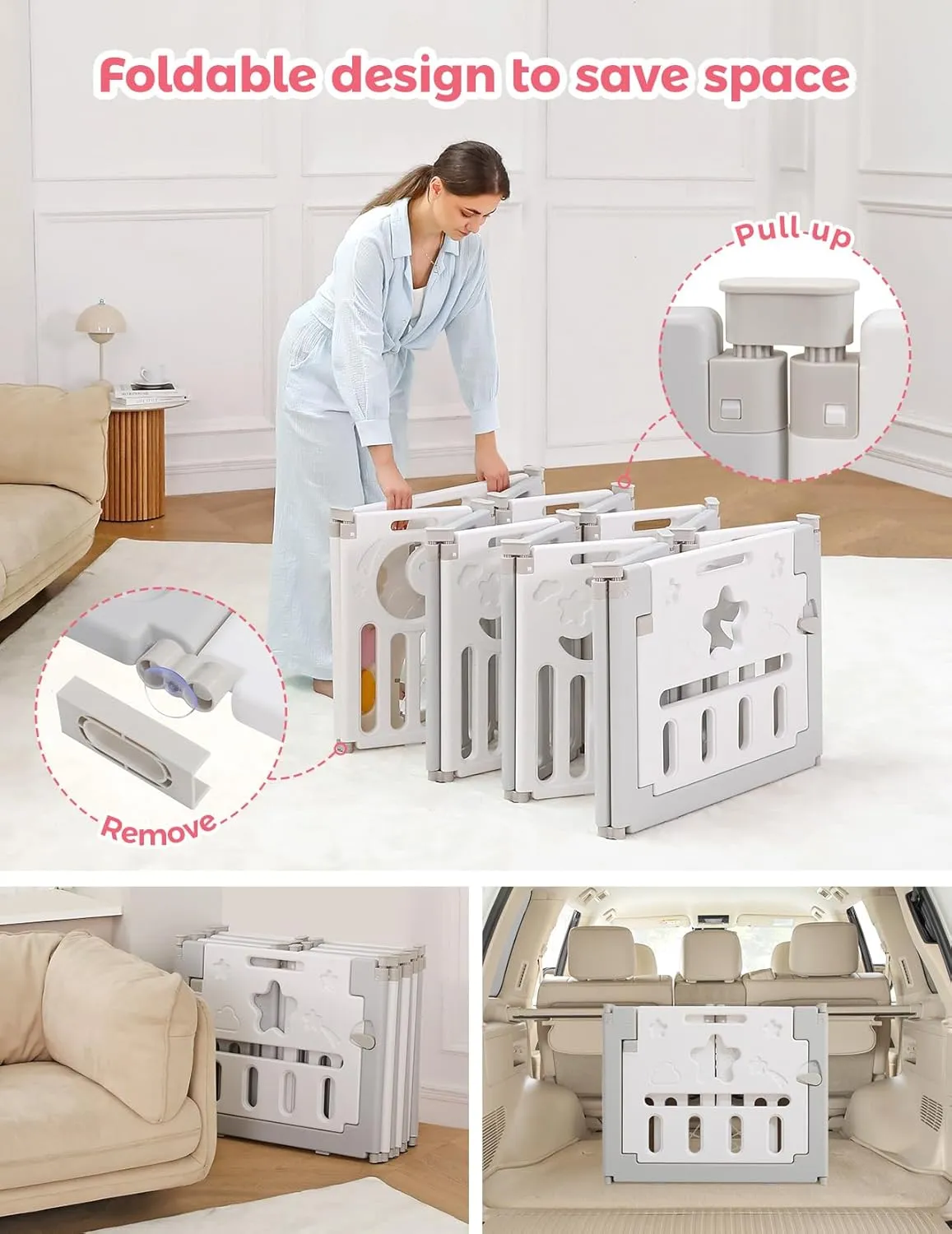 Baby Playpen, Dripex Foldable Playpen for Babies and Toddlers, Custom Shape Baby Fence, Safety Play Yard with Gate, Portable Play Area for Indoor or Outdoor, Grey White, 14 Panel
