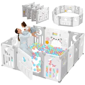 Baby Playpen, Dripex Foldable Playpen for Babies and Toddlers, Custom Shape Baby Fence, Safety Play Yard with Gate, Portable Play Area for Indoor or Outdoor, Grey White, 14 Panel