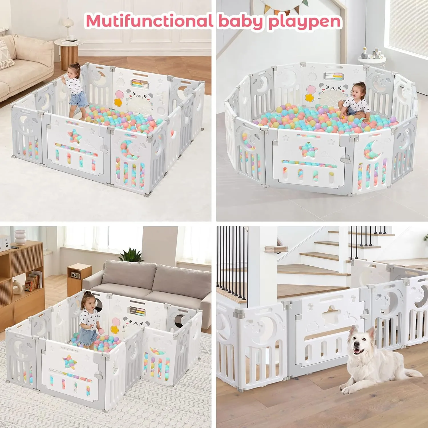 Baby Playpen, Dripex Foldable Playpen for Babies and Toddlers, Custom Shape Baby Fence, Safety Play Yard with Gate, Portable Play Area for Indoor or Outdoor, Grey White, 14 Panel