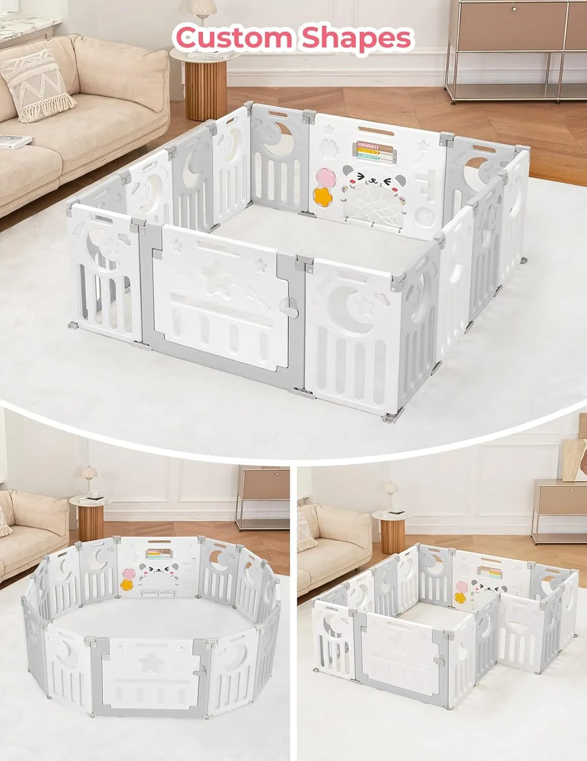 Baby Playpen, Dripex Foldable Playpen for Babies and Toddlers, Custom Shape Baby Fence, Safety Play Yard with Gate, Portable Play Area for Indoor or Outdoor, Grey White, 14 Panel