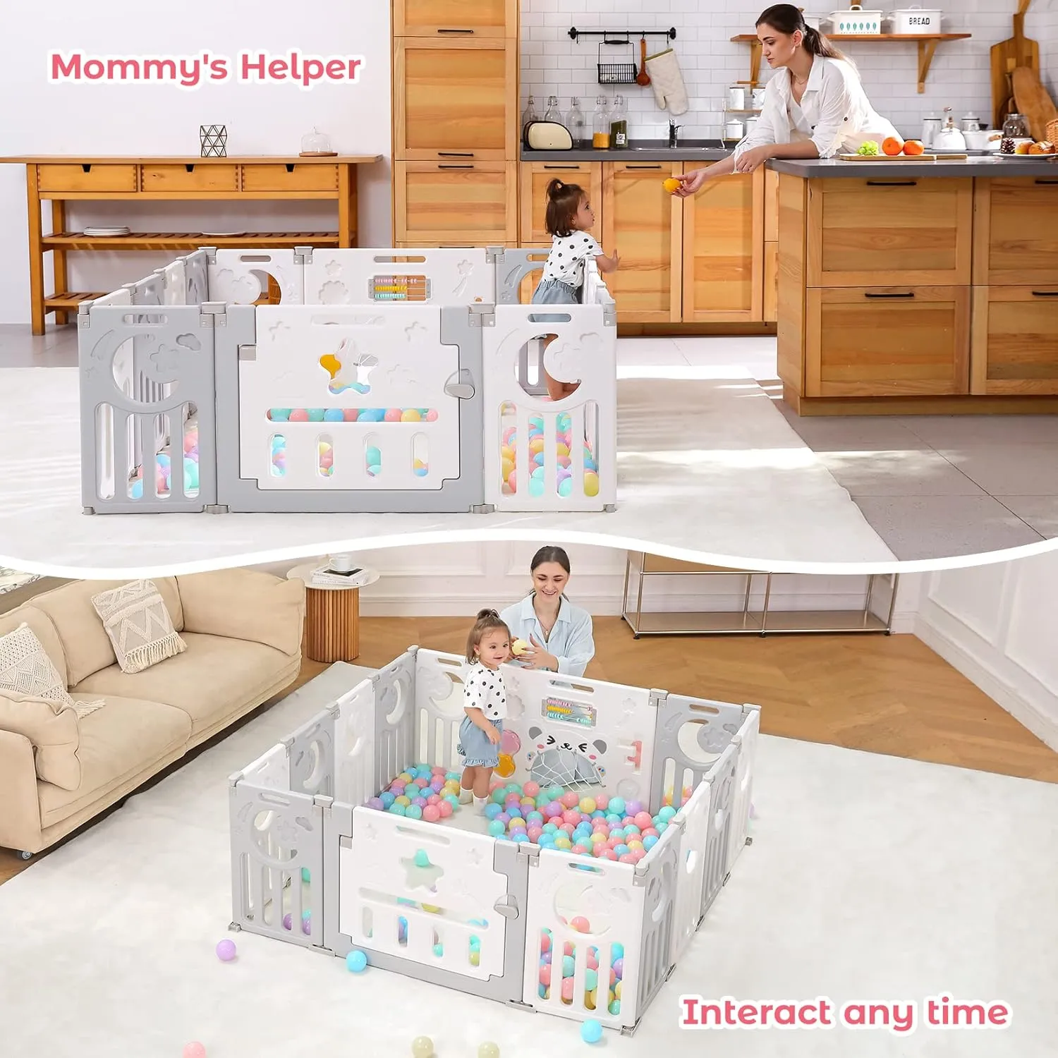 Baby Playpen, Dripex Foldable Playpen for Babies and Toddlers, Custom Shape Baby Fence, Safety Play Yard with Gate, Portable Play Area for Indoor or Outdoor, Grey White, 14 Panel