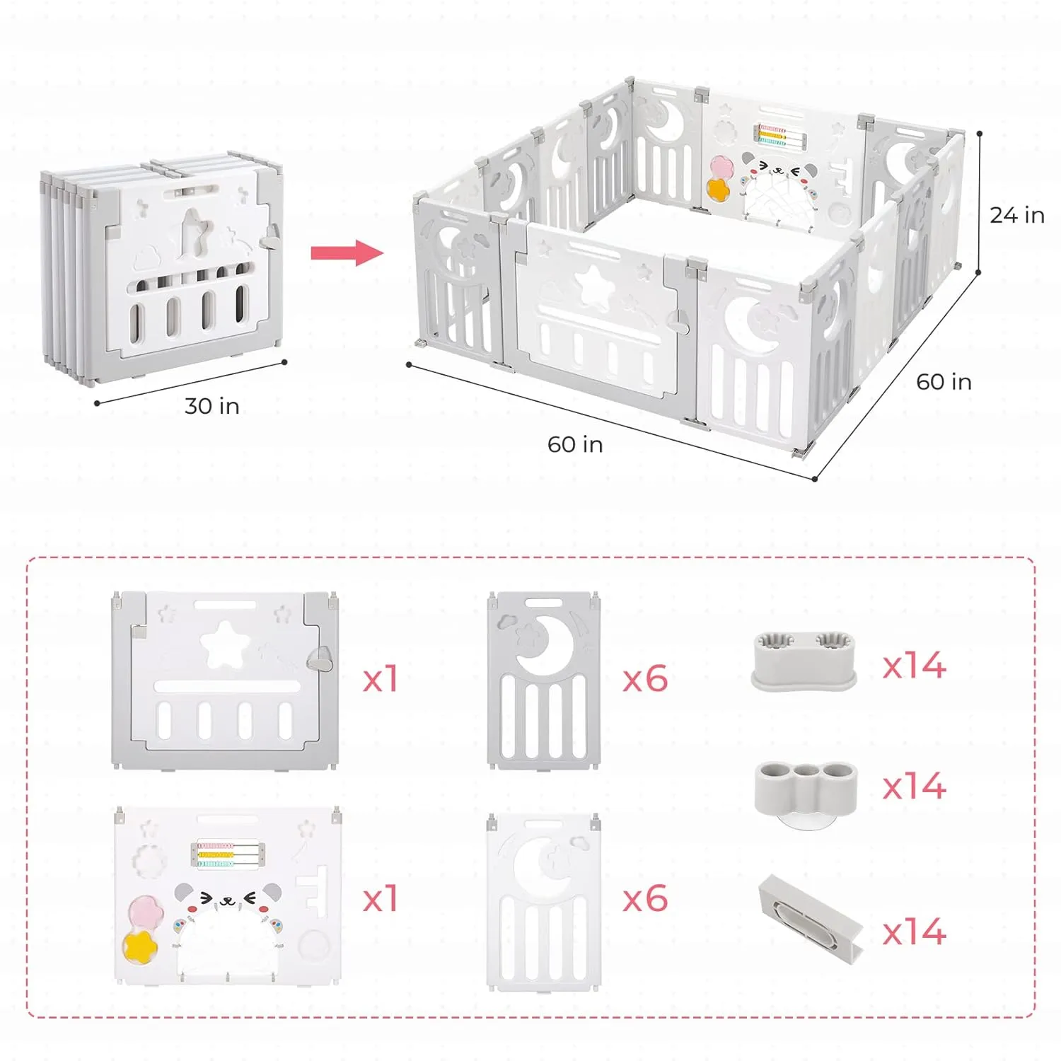 Baby Playpen, Dripex Foldable Playpen for Babies and Toddlers, Custom Shape Baby Fence, Safety Play Yard with Gate, Portable Play Area for Indoor or Outdoor, Grey White, 14 Panel