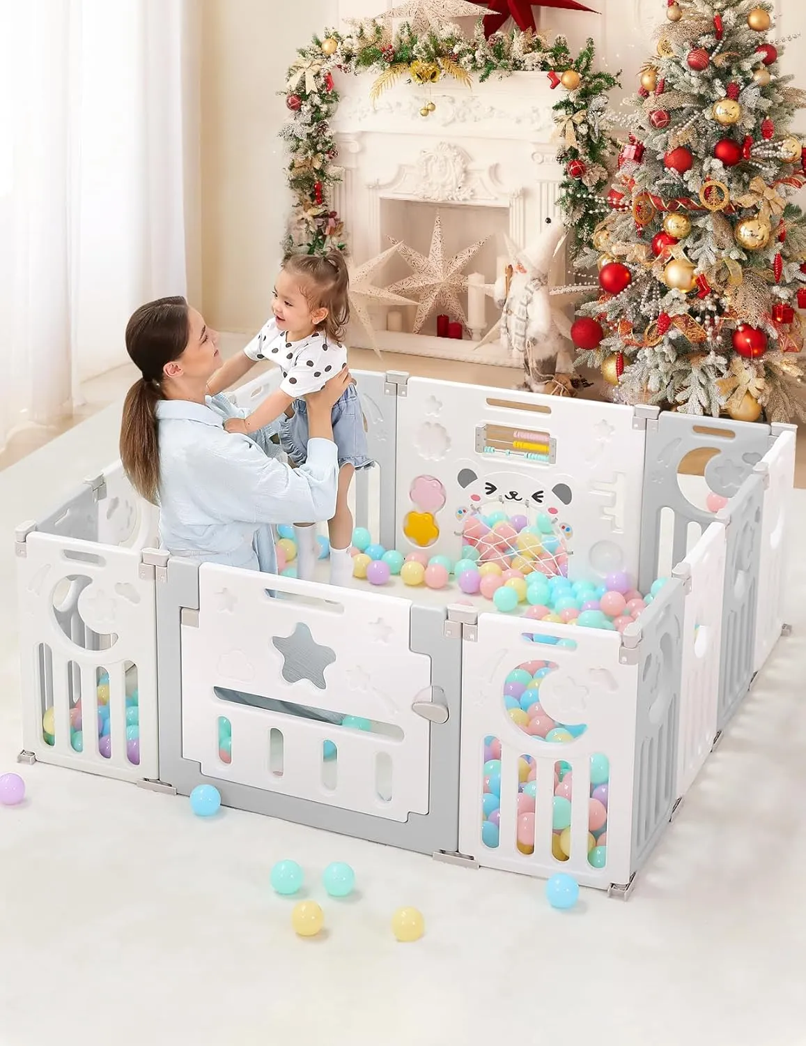 Baby Playpen, Dripex Foldable Playpen for Babies and Toddlers, Custom Shape Baby Fence, Safety Play Yard with Gate, Portable Play Area for Indoor or Outdoor, Grey White, 14 Panel