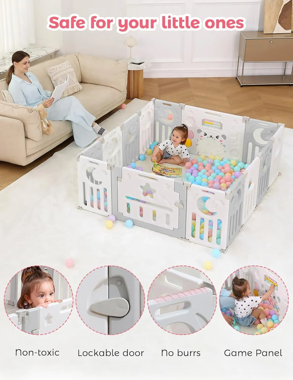 Baby Playpen, Dripex Foldable Playpen for Babies and Toddlers, Custom Shape Baby Fence, Safety Play Yard with Gate, Portable Play Area for Indoor or Outdoor, Grey White, 14 Panel