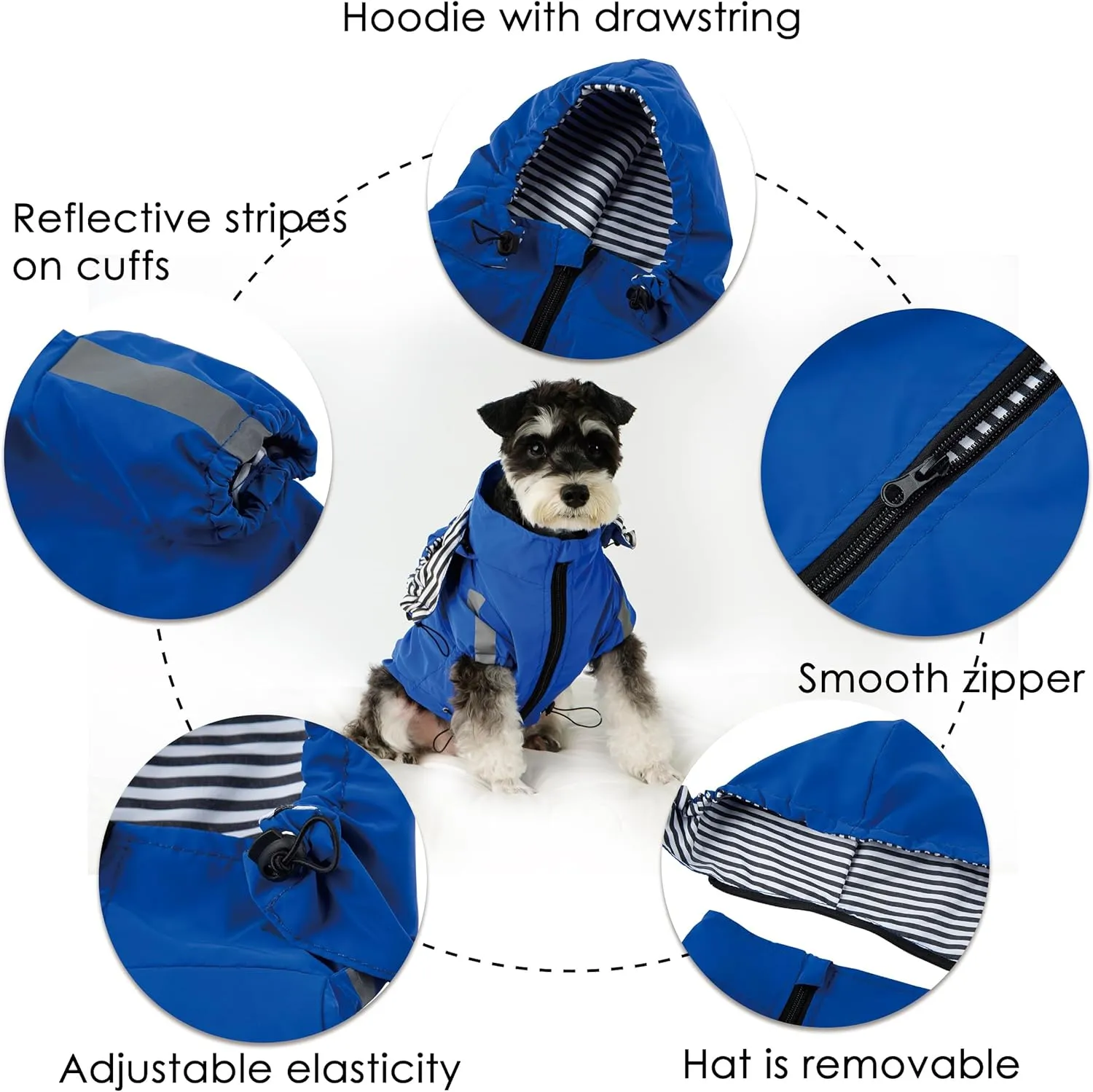 Breathable Dog Raincoat with Detachable Hood - Reflective Strips, 6 (S-35XL) - Rain/Water Resistant(Blue,M)