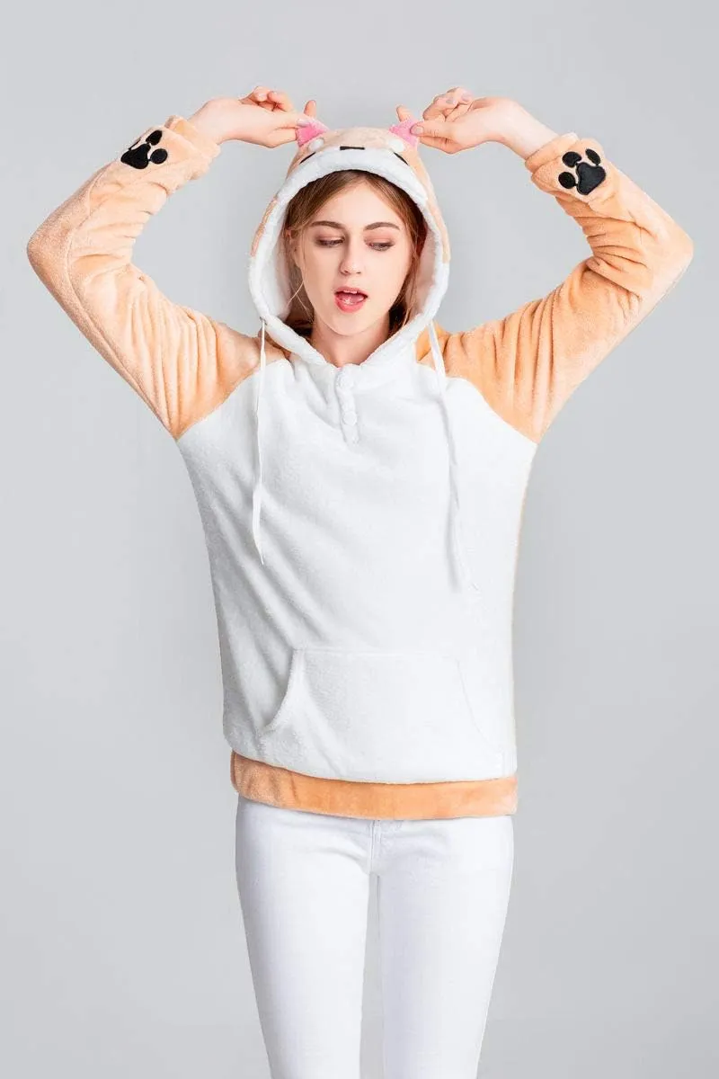 CORIRESHA Cute Coral Velvet Long Sleeve Shiba Inu Dog Embroidery Home Wear Hoodie for Women