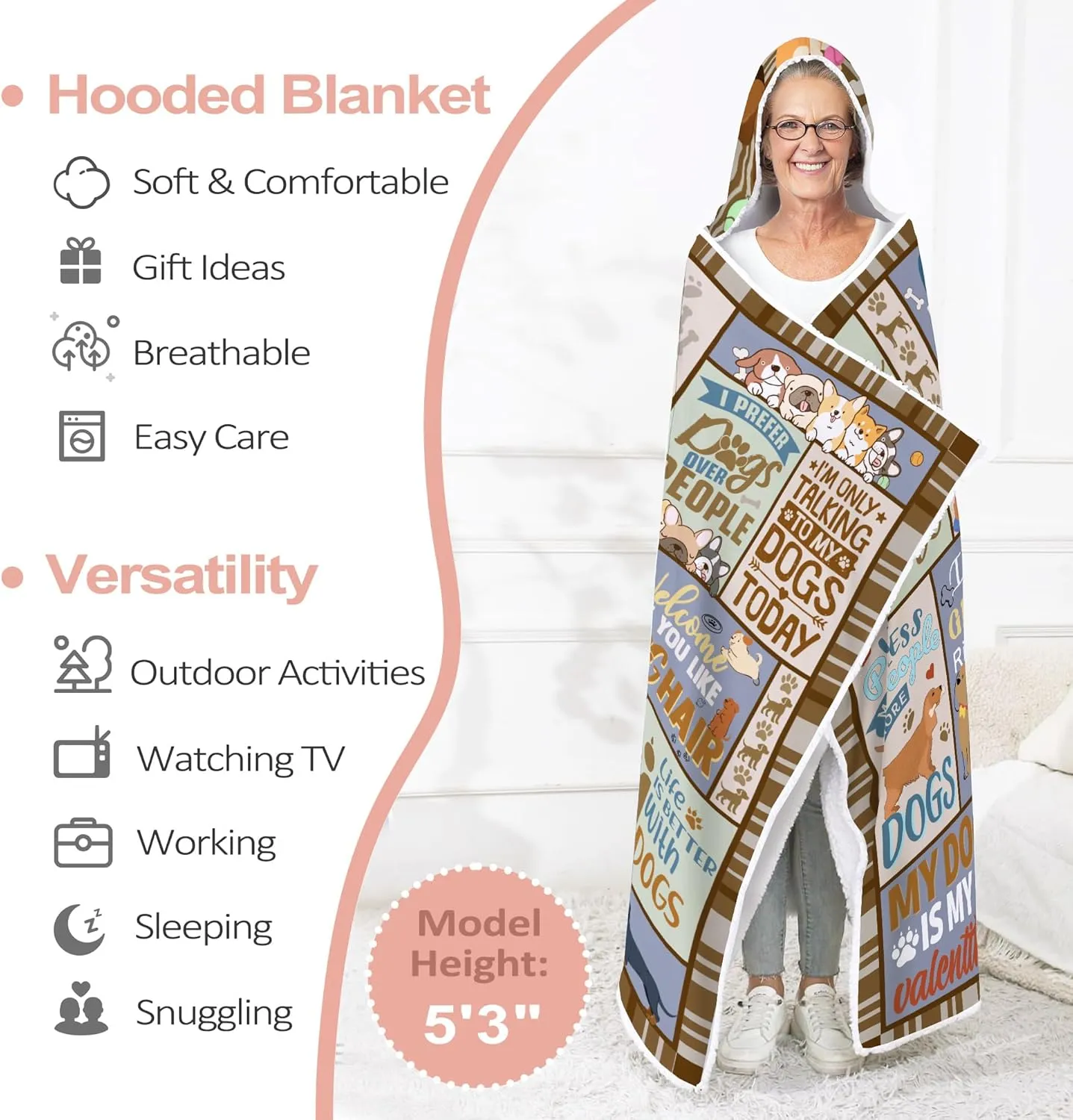 Dog Mom Gifts, Wearable Blanket, Fleece, Modern, 73x47 inches, Multicolored, Dog Mom Mothers Day Gift, Perfect for Napping, Camping, Winter