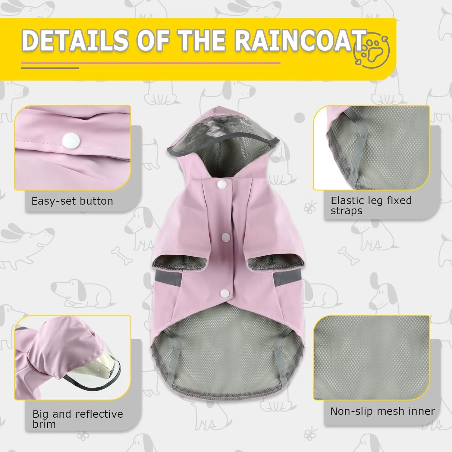 Dog Raincoat, Dog Rain,Water and Snow Proof Jacket with Hood, Leash Hole and Reflective Strap, Lightweight Puppy Clothes, Stylish Streetwear Outfit for Small Medium Dogs (Pink, M)