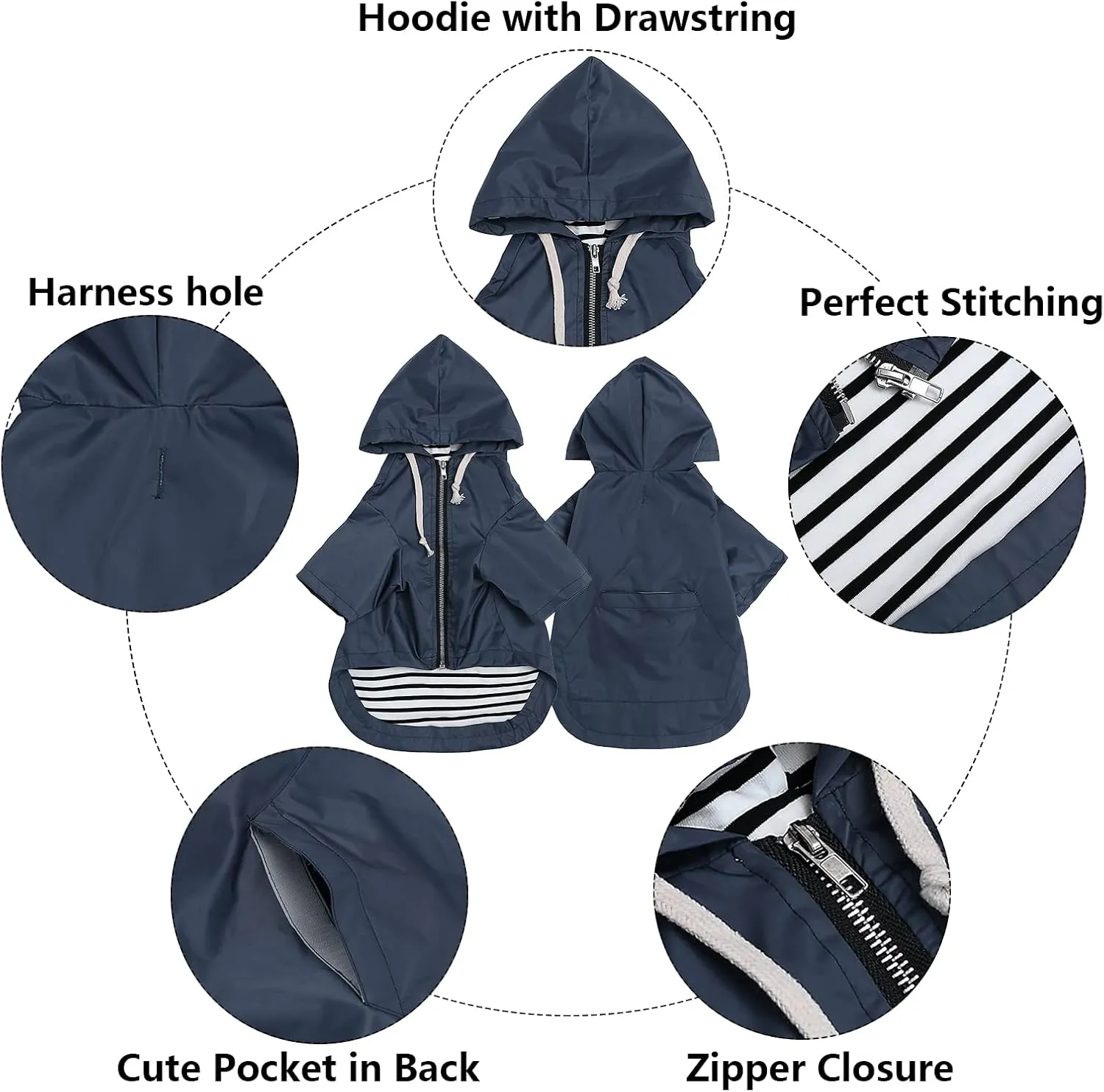Dog Raincoat rain Jacket Raincoat Dogs Waterproof Small Medium Breeds Zip Closure Storage Pocket Harness Hole Blue M