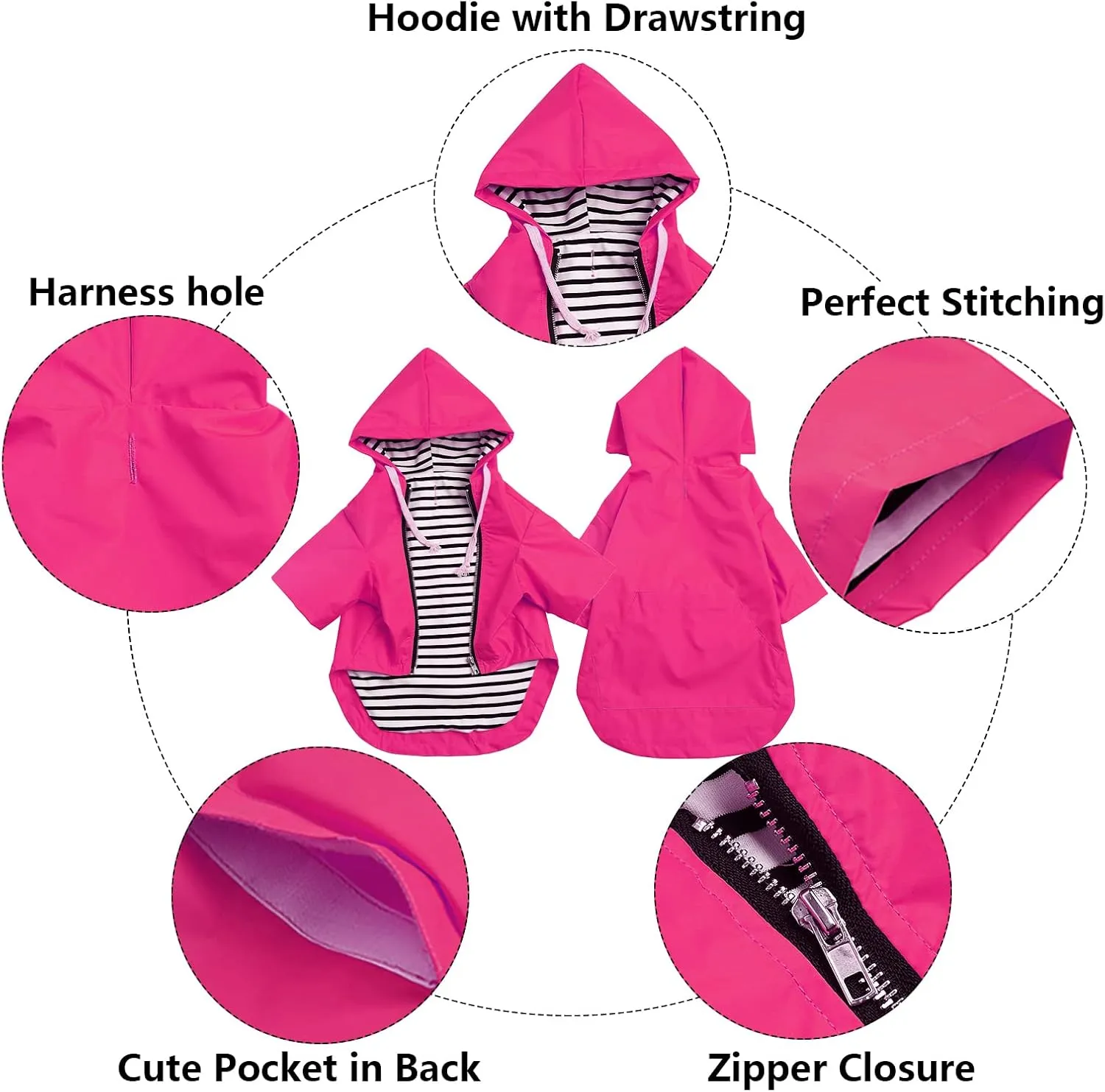 Dog Raincoat rain Jacket Raincoat Dogs Waterproof Small Medium Breeds Zip Closure Storage Pocket Harness Hole Pink M