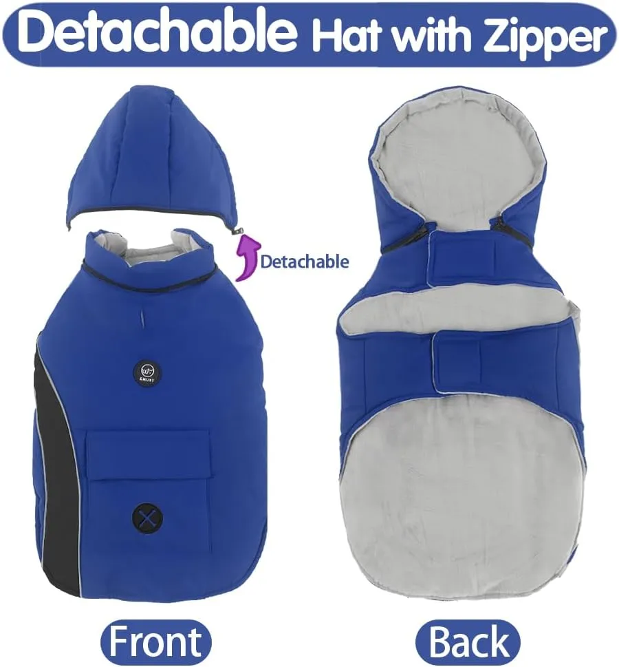 EMUST Dog Winter Coats with Hood, Windproof Jackets for Small Dogs, Puppy Apparel for Cold Weather, S/Blue