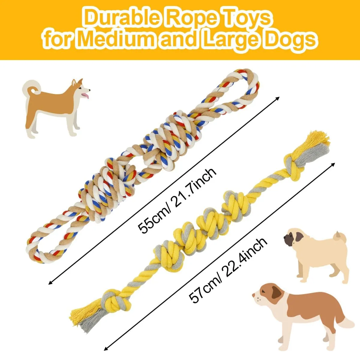 ETACCU Dog Rope Toys for Large & Medium Dogs, 2 Pack 22 Inch Tug of War Dog Toy for Aggressive Chewers, 100% Cotton Rope Dog Toys for Medium to Large Breed, Indestructible Dog Rope Toy