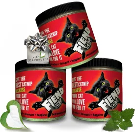 Fiend Three (3 Count) Catnip   Silvervine for Cats & Kittens Safety-Cut Premium Fine Cat Nip Blend with Vegan Silvervine   Sticker  Ultra Potent, North American  1 Cup (34.5g) Create a Monster!