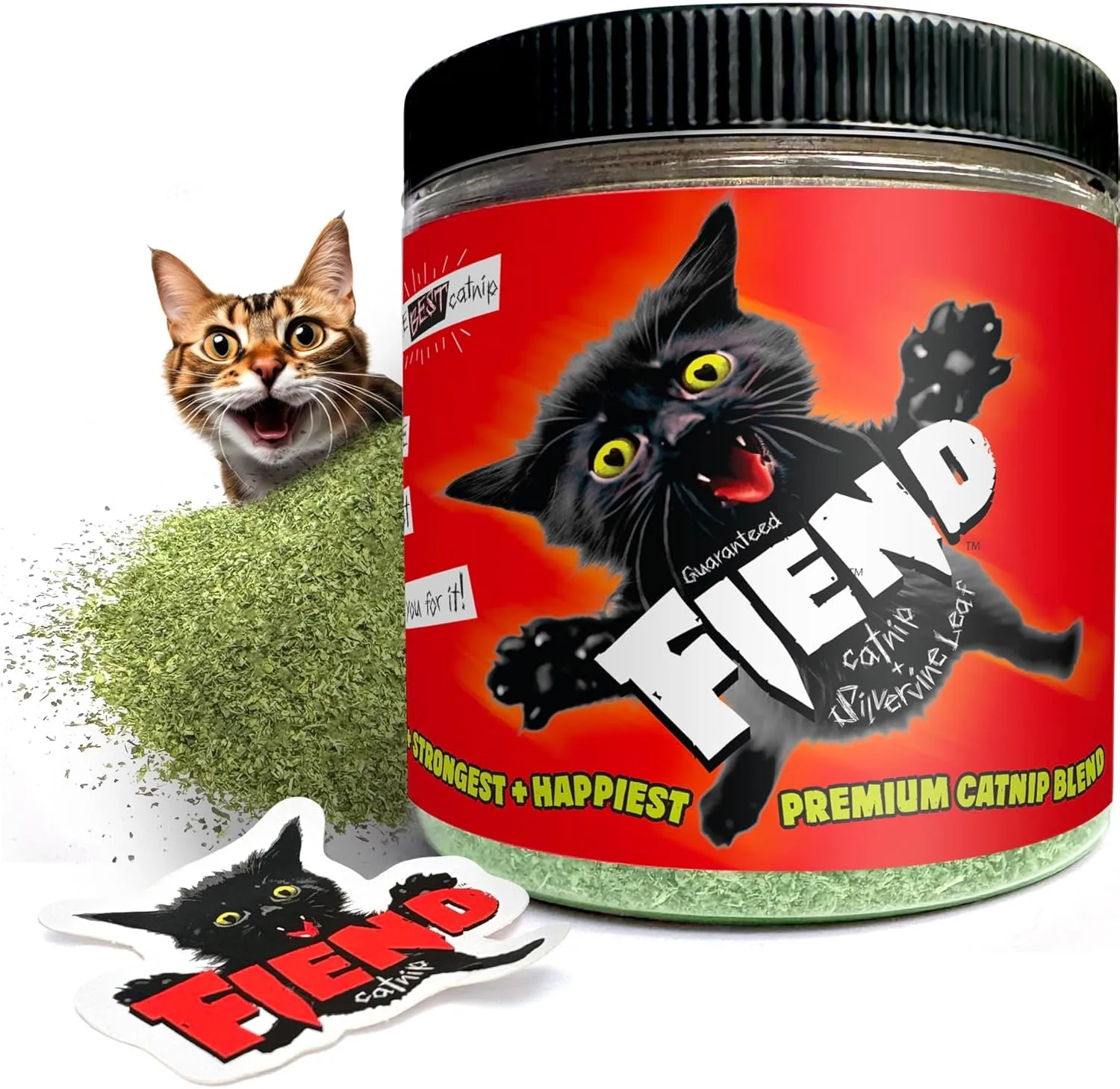 Fiend Three (3 Count) Catnip   Silvervine for Cats & Kittens Safety-Cut Premium Fine Cat Nip Blend with Vegan Silvervine   Sticker  Ultra Potent, North American  1 Cup (34.5g) Create a Monster!