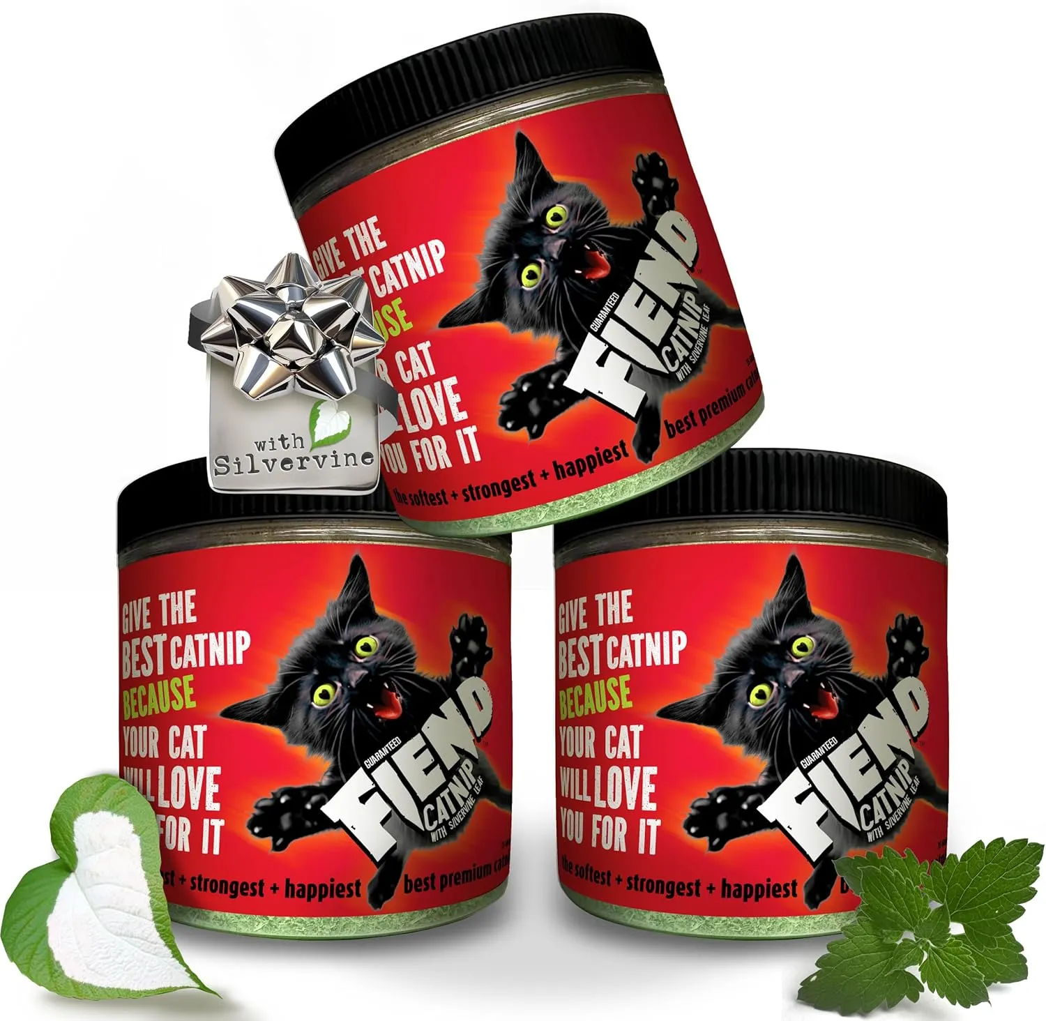 Fiend Three (3 Count) Catnip   Silvervine for Cats & Kittens Safety-Cut Premium Fine Cat Nip Blend with Vegan Silvervine   Sticker  Ultra Potent, North American  1 Cup (34.5g) Create a Monster!