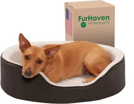 Furhaven Orthopedic Dog Bed for Large/Medium Dogs w/ Removable Washable Cover, For Dogs Up to 30 lbs - Sherpa & Suede Oval Lounger - Espresso, Large