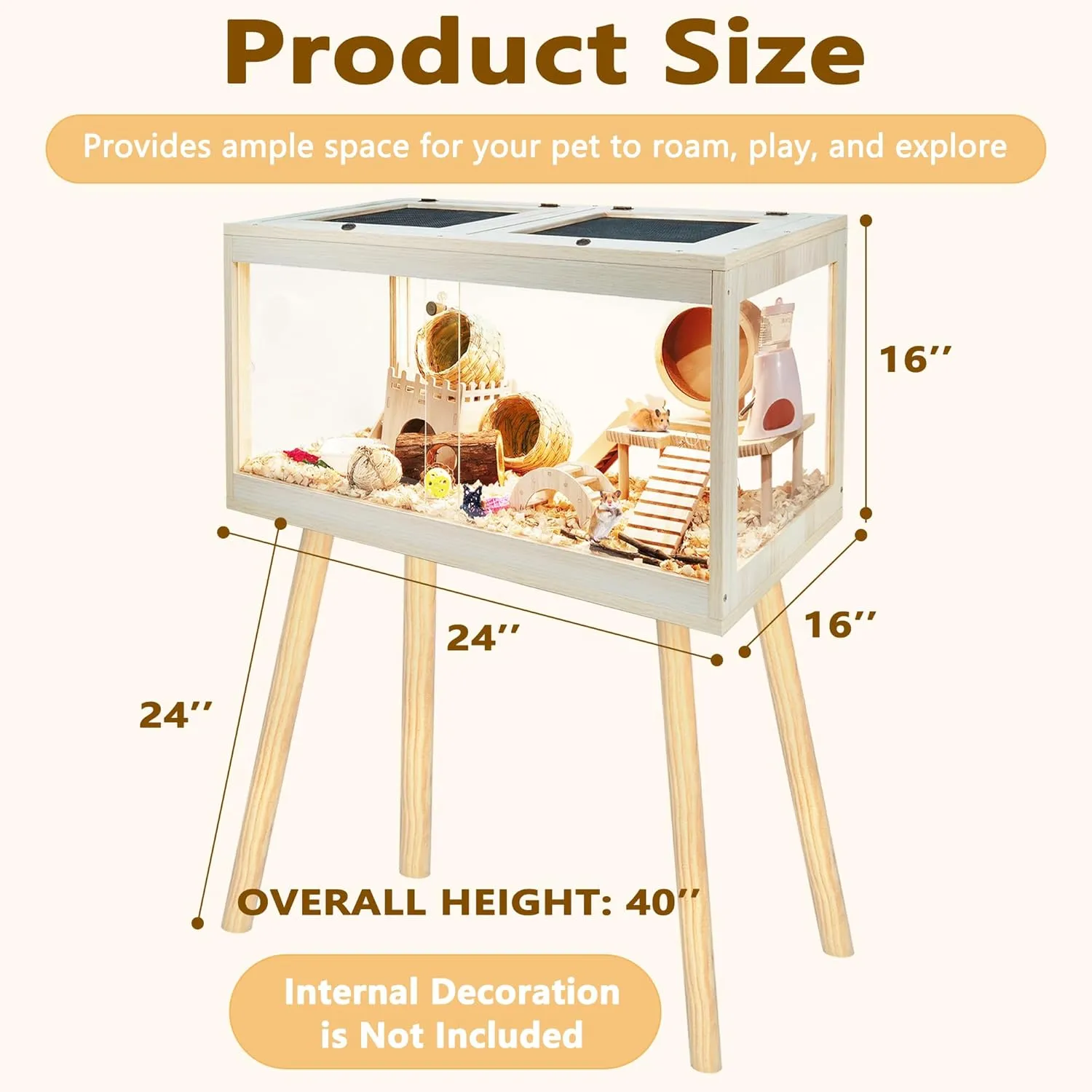 Hamster Cage Chewproof, Mice and Rat Habitat with Transparent Sides, Hamster Cage with Openable Mesh Top, Solid Built with Lock Design and Leg Stand, 24" Wide