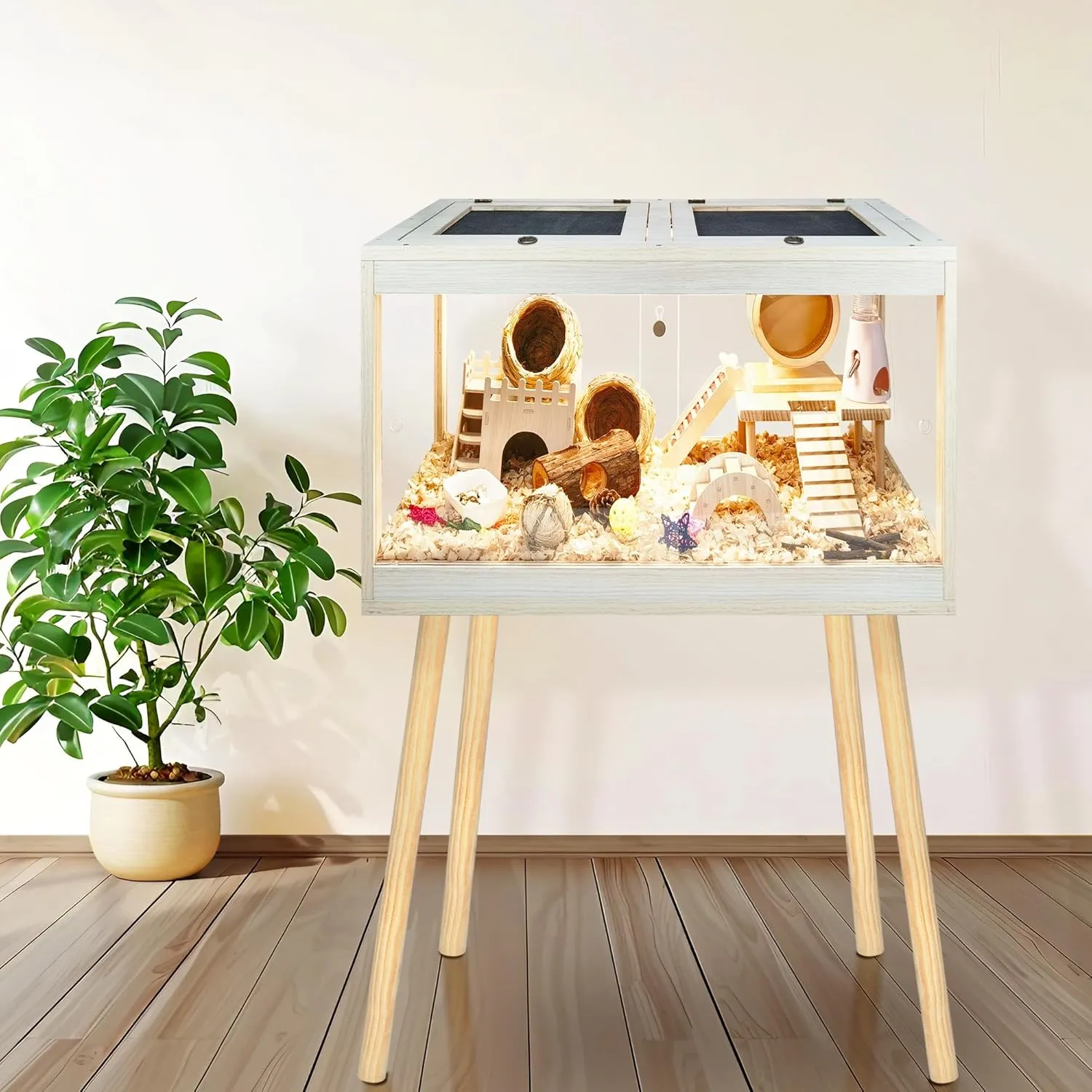 Hamster Cage Chewproof, Mice and Rat Habitat with Transparent Sides, Hamster Cage with Openable Mesh Top, Solid Built with Lock Design and Leg Stand, 24" Wide