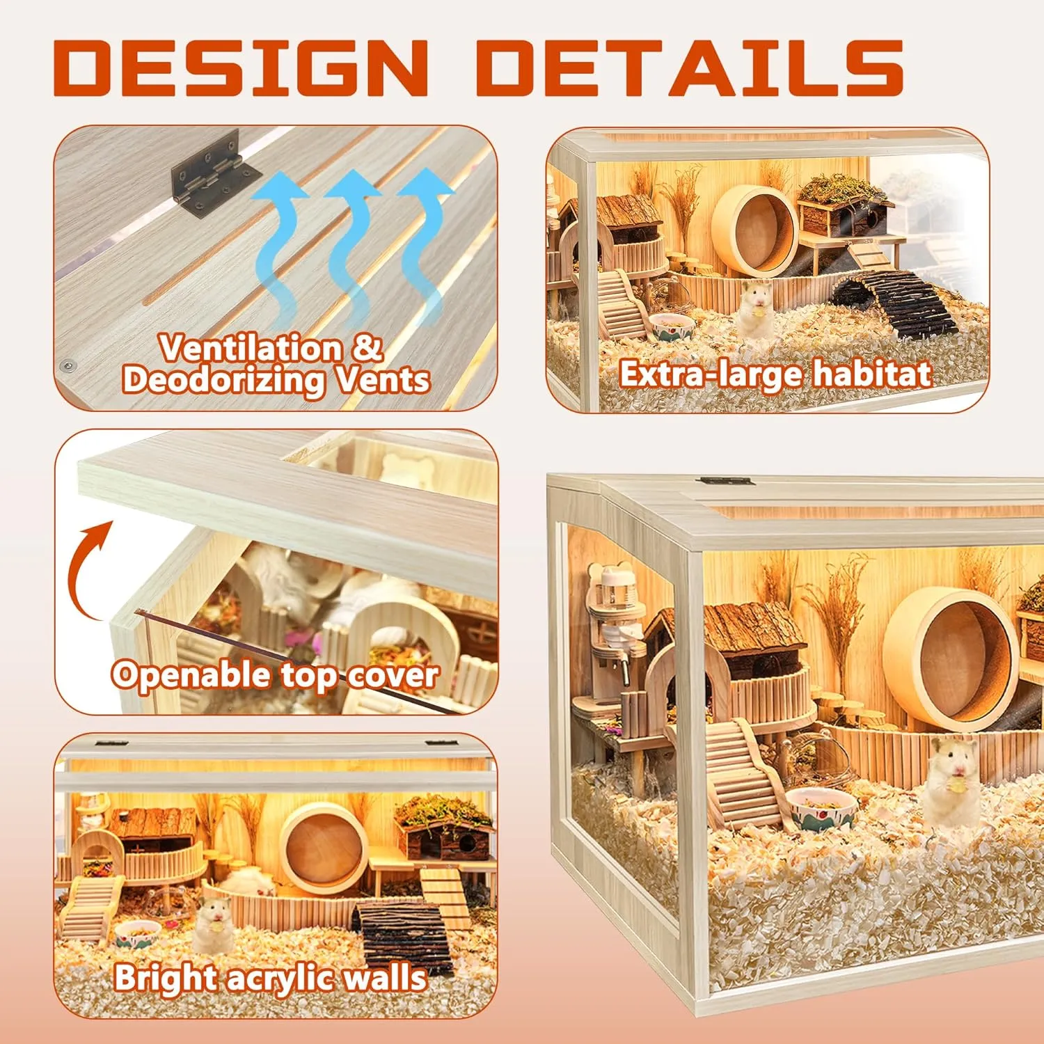 Hamster Cage Chewproof Wooden 24 Inch Guinea Pig Cages Mice and Rat Habitat Openable Top with Acrylic Sheets Solid Built