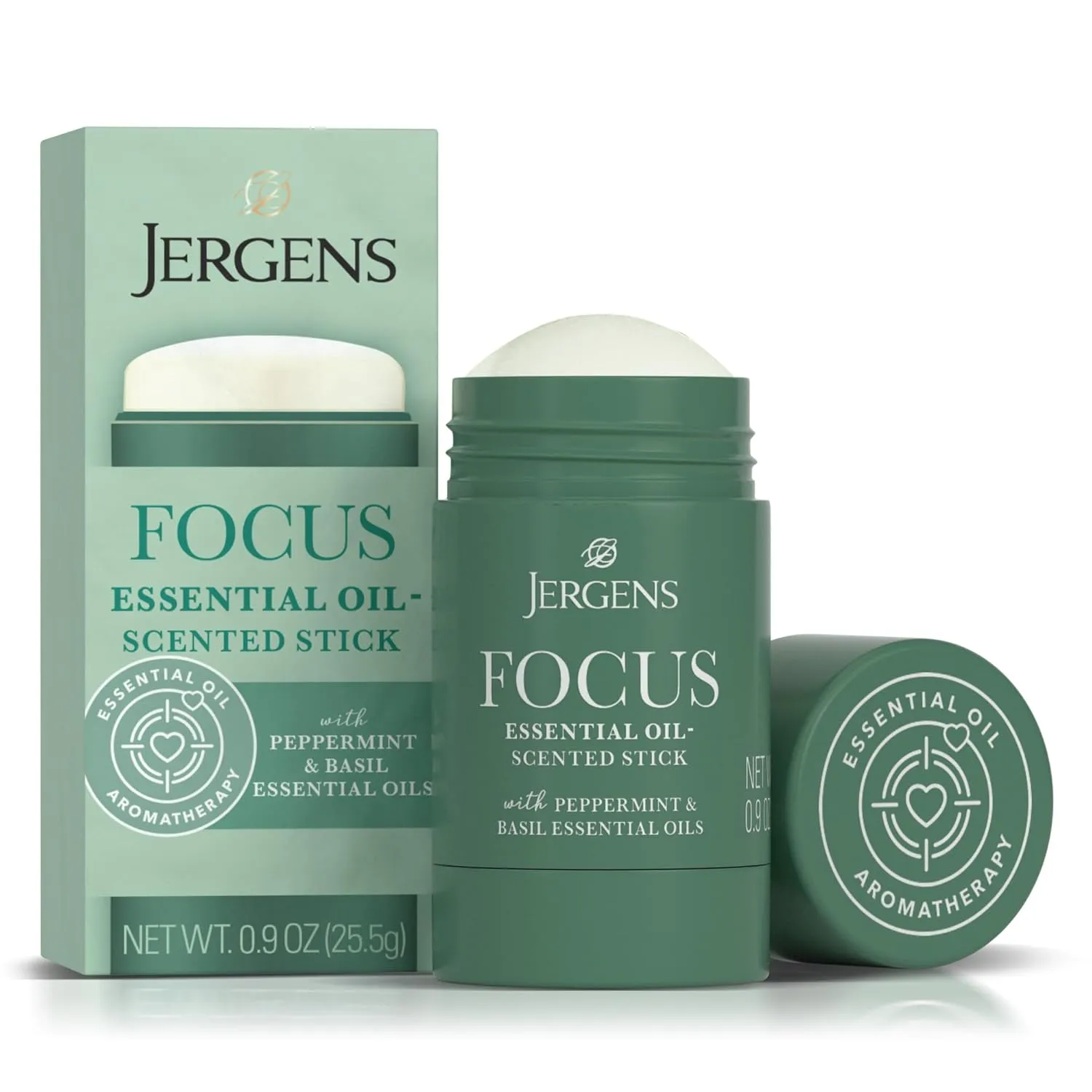 Jergens Focus Essential Oil-Scented Stick, Aromatherapy Stick Crafted with Peppermint and Basil Essential Oils, 0.9 Oz
