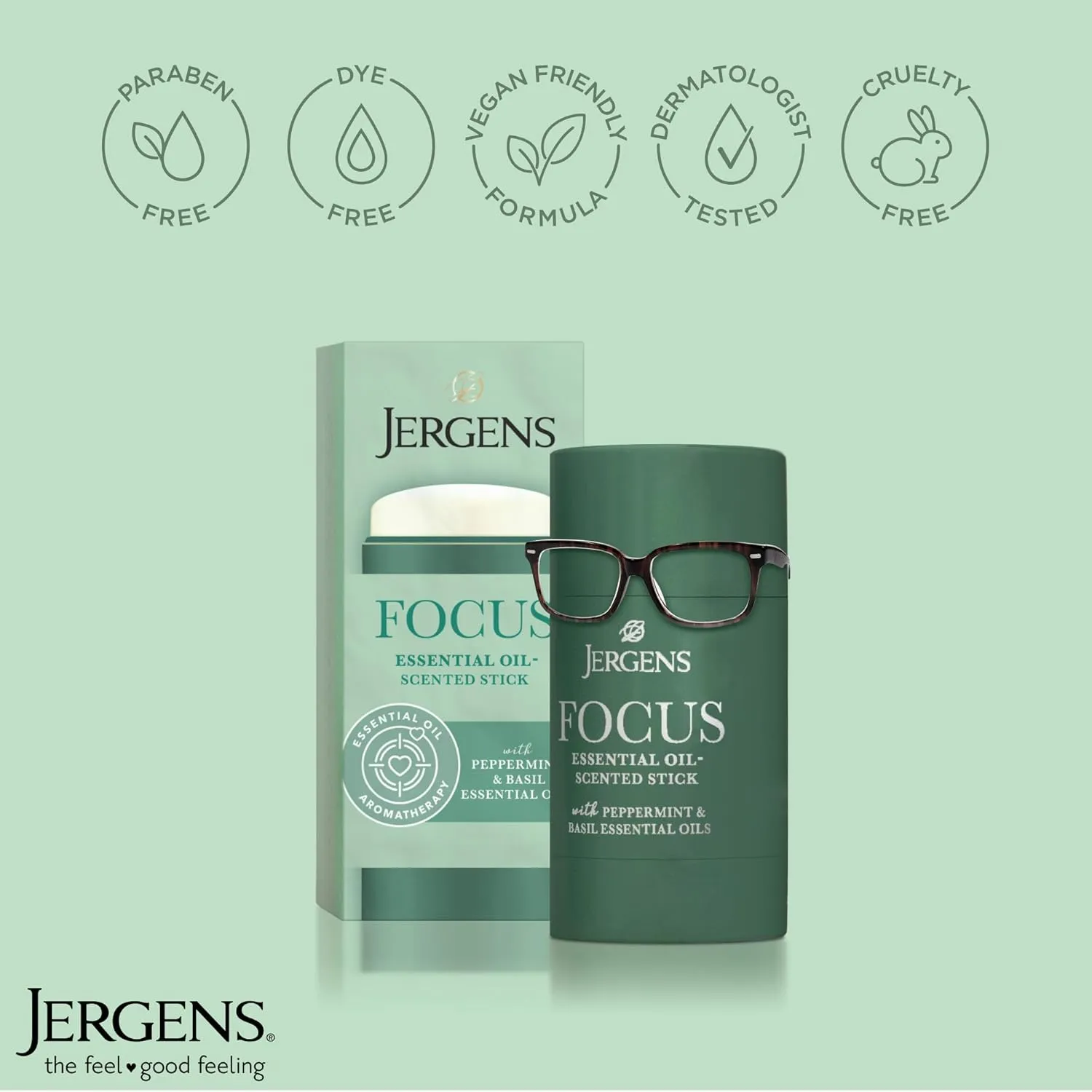 Jergens Focus Essential Oil-Scented Stick, Aromatherapy Stick Crafted with Peppermint and Basil Essential Oils, 0.9 Oz