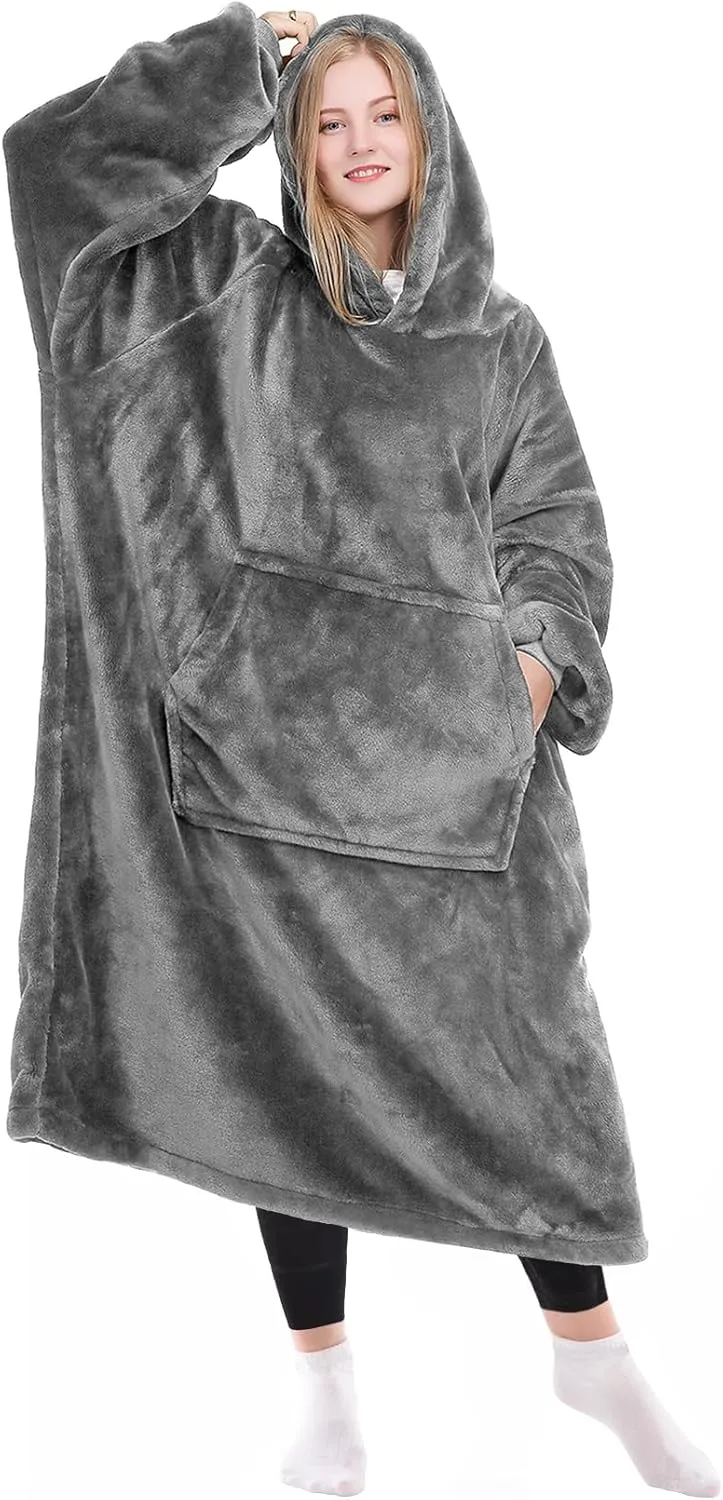 KPBLIS Wearable Blanket Hoodies Gifts for Women and Men, Oversized Wearable Hoody Blanket Sweatshirt, Cozy and Warm Wearable Fleece Blanket with Sleeves and Giant Pocket for Adults, Gray
