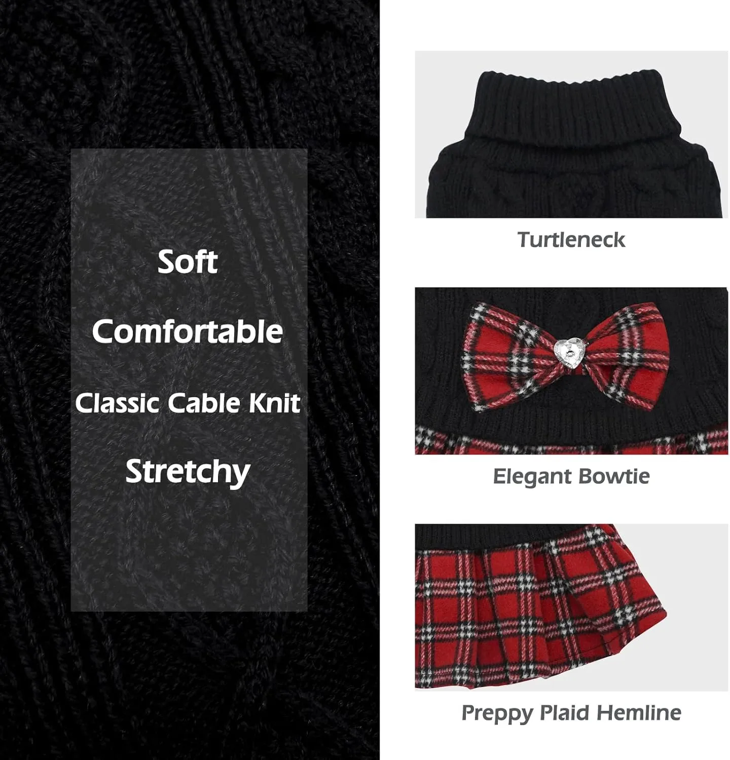 KYEESE Dog Sweaters for Small Dogs Girl Warm Small Pet Sweater Stretchy with Bowtie Buffalo Check Turtleneck Dogs Clothes Dog Coats Pullover Knitwear Pet Sweater Dress Puppy Cat Sweater