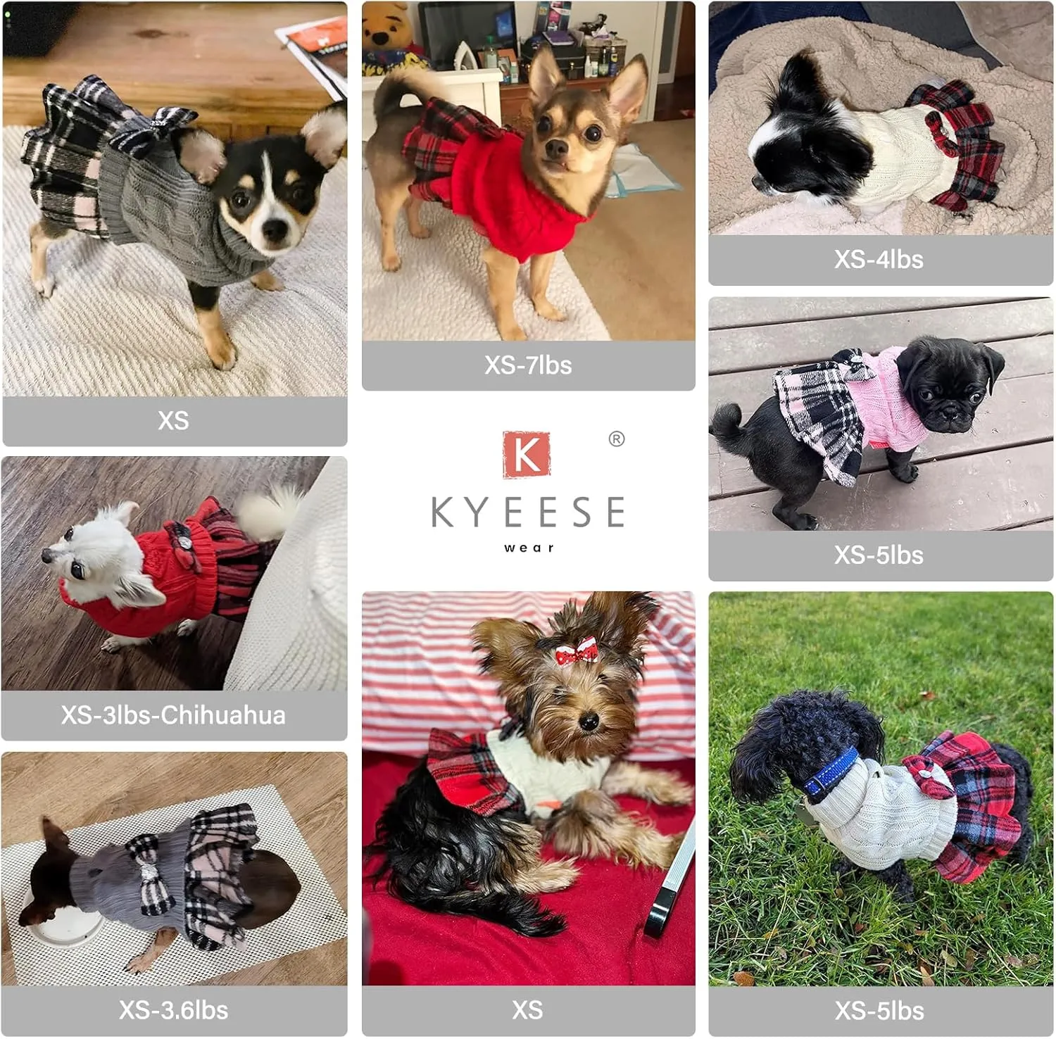 KYEESE Dog Sweaters for Small Dogs Girl Warm Small Pet Sweater Stretchy with Bowtie Buffalo Check Turtleneck Dogs Clothes Dog Coats Pullover Knitwear Pet Sweater Dress Puppy Cat Sweater