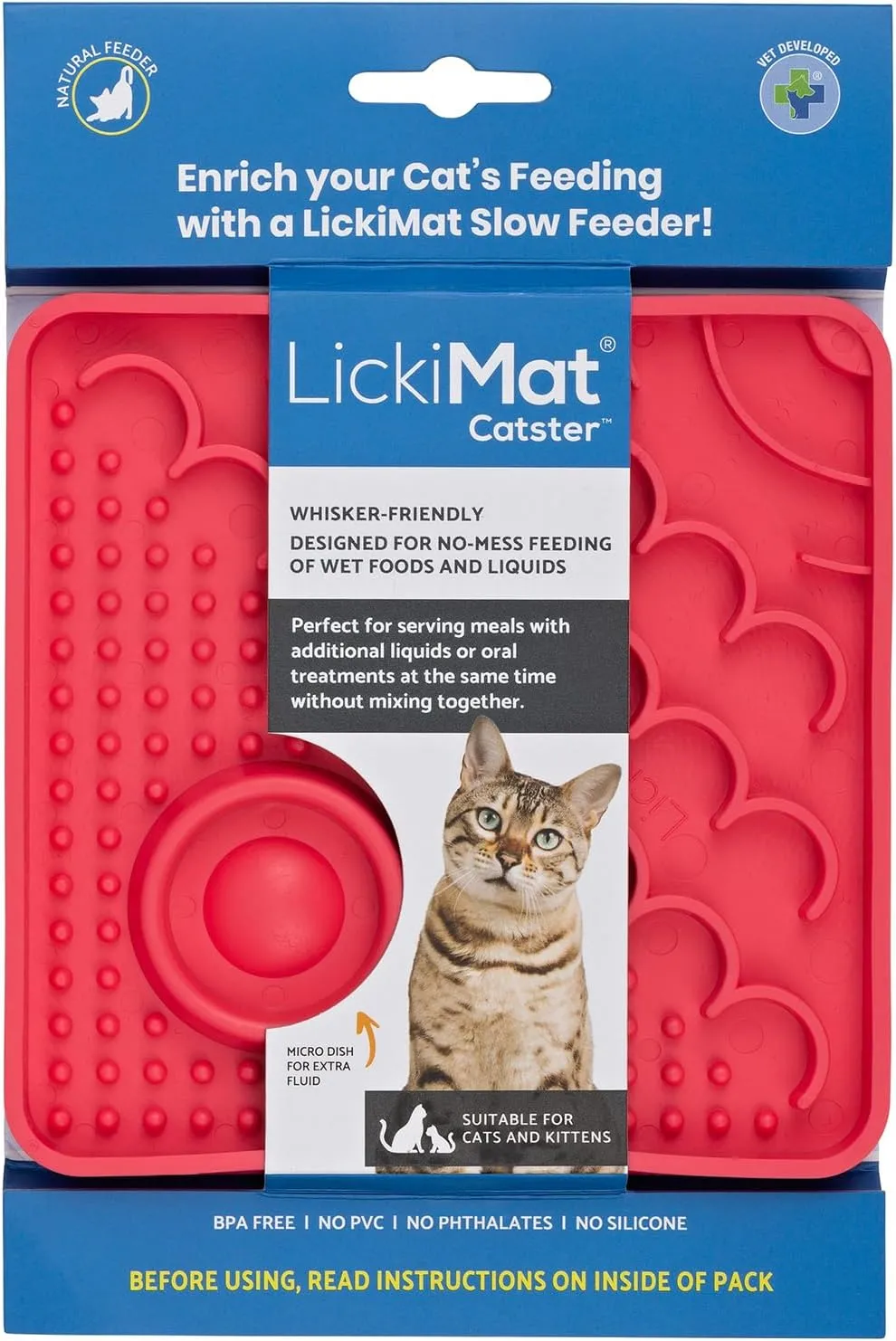 LickiMat Catster Combination Slow Feeder with Micro Dish for Added Hydration for All Cats and Kittens (Pink)