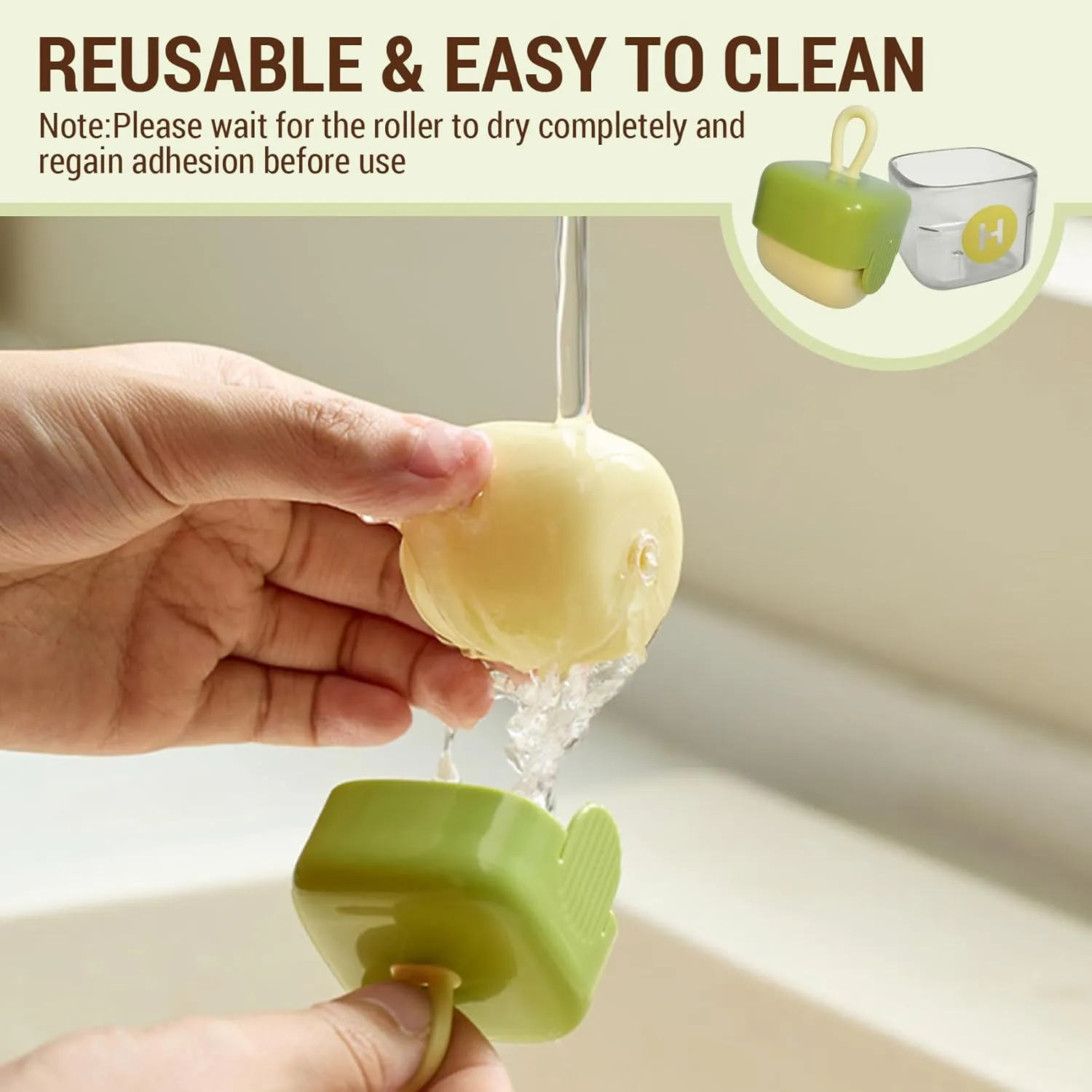 Mini Lint Roller,Washable Sticky Roller Reusable Lint Remover Portable Pet Hair Remover for Clothes,Travel Household (Green Beige)