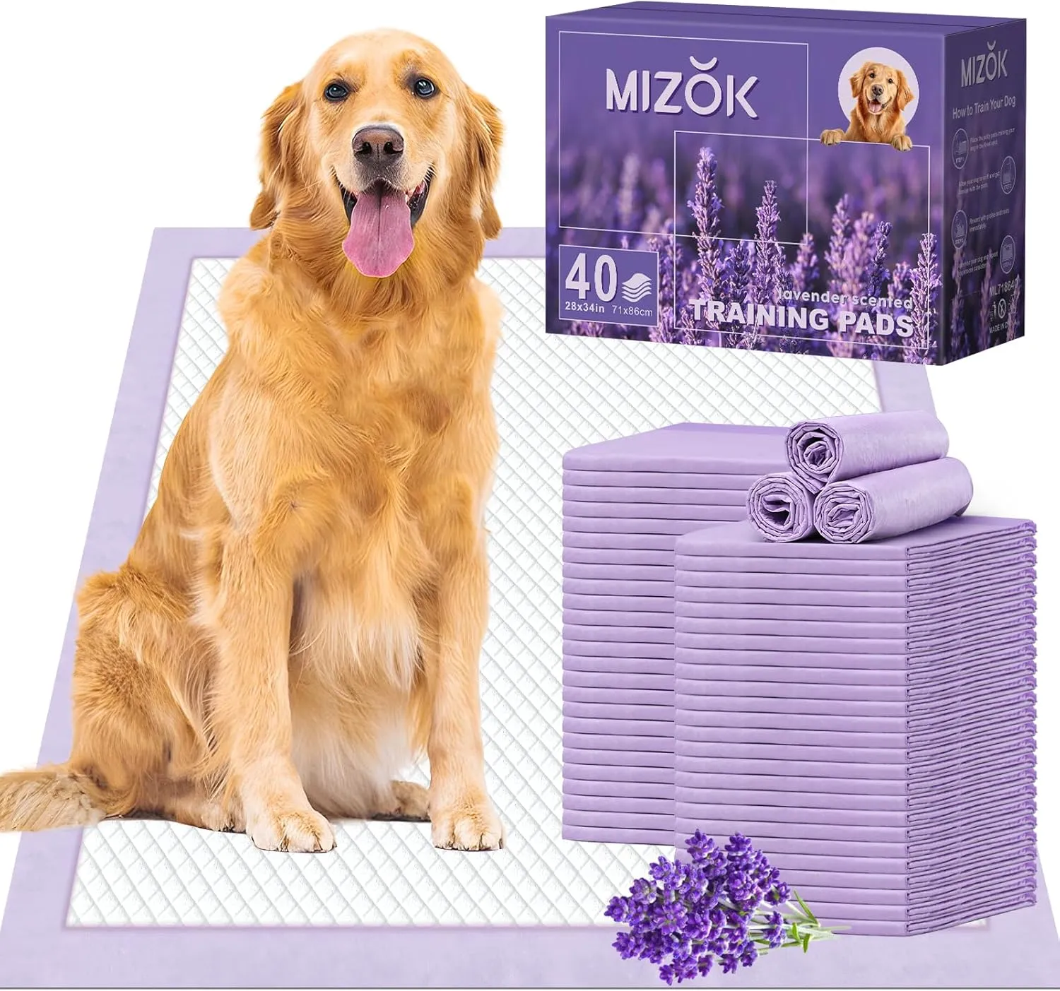 MIZOK Puppy Pads 28x34 Lavender Scented, Dog Pee Pads Extra Large Odor Control Dog Pads Ultra Absorbent Up to 8 Cups, Wee Wee Pads 6 Layers Leak-Proof & Quick-Dry Purple (40 Counts)