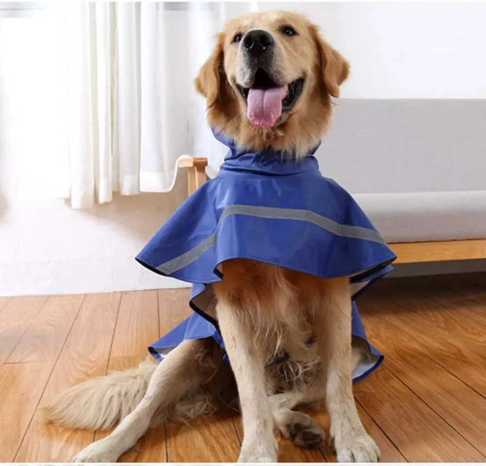 NACOCO Large Dog Raincoat Adjustable Pet Water Proof Clothes Lightweight Rain Jacket Poncho Hoodies with Strip Reflective (M, Blue)
