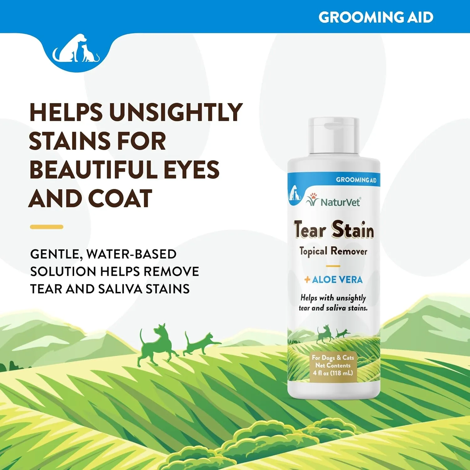 NaturVet  Tear Stain Topical Remover Plus Aloe  4 oz | Eliminates Unsightly Tear & Saliva Stains | Gentle, Water-Based Formula | for Dogs & Cats