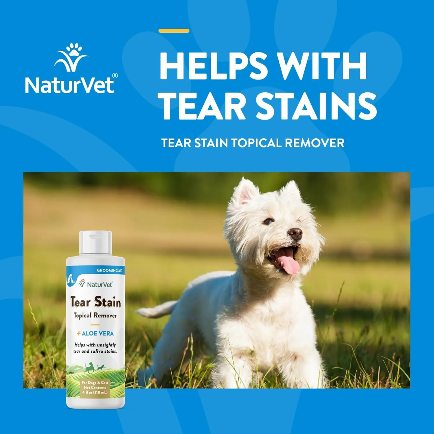 NaturVet  Tear Stain Topical Remover Plus Aloe  4 oz | Eliminates Unsightly Tear & Saliva Stains | Gentle, Water-Based Formula | for Dogs & Cats
