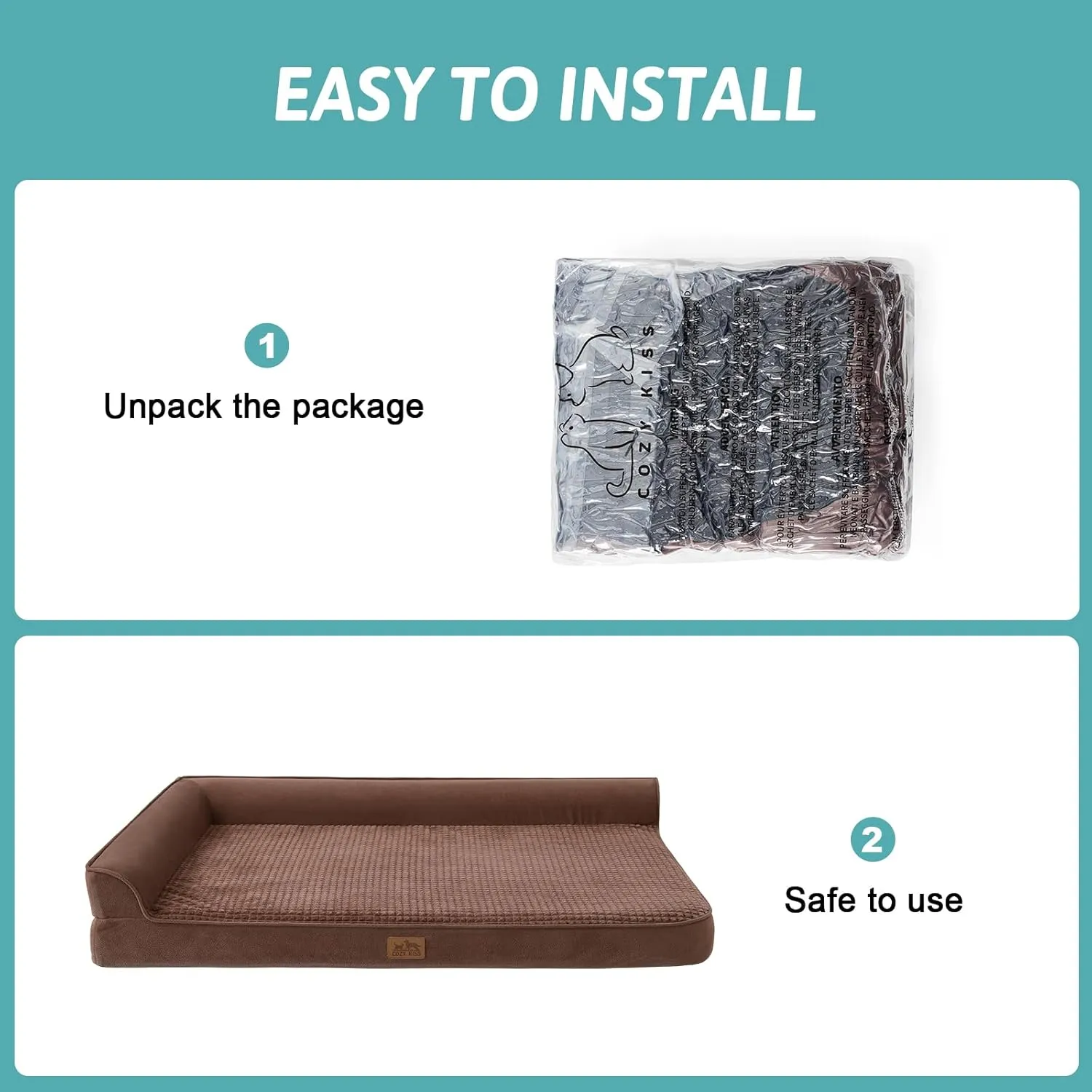Orthopedic Dog Beds for Extra Large Dogs, XXL Pet Couch for XLarge Dog, Big Supportive Foam Bolster Sofa with Waterproof Lining Cover, Anti-Slip, Washable, L Shape, 48x32x7.5 in, Brown