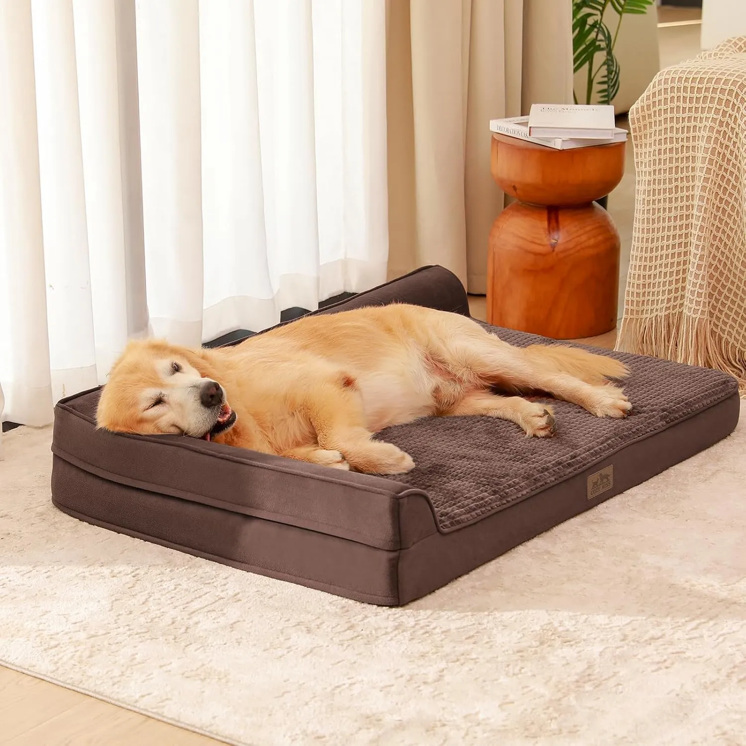 Orthopedic Dog Beds for Extra Large Dogs, XXL Pet Couch for XLarge Dog, Big Supportive Foam Bolster Sofa with Waterproof Lining Cover, Anti-Slip, Washable, L Shape, 48x32x7.5 in, Brown