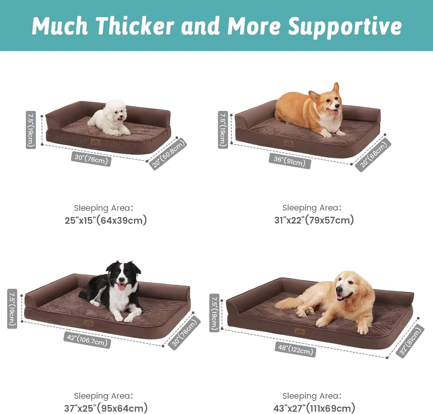 Orthopedic Dog Beds for Extra Large Dogs, XXL Pet Couch for XLarge Dog, Big Supportive Foam Bolster Sofa with Waterproof Lining Cover, Anti-Slip, Washable, L Shape, 48x32x7.5 in, Brown