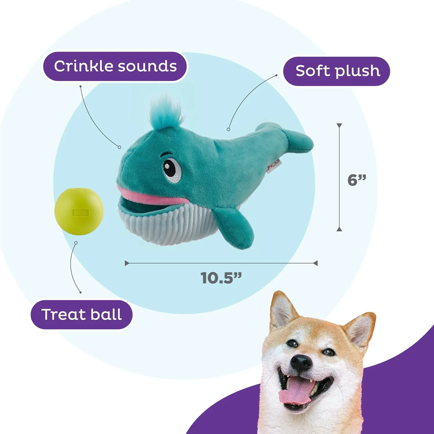 Outward Hound by Nina Ottosson Big Mouthz Interactive Plush Dog Puzzle with Treat Ball, Whale, Blue