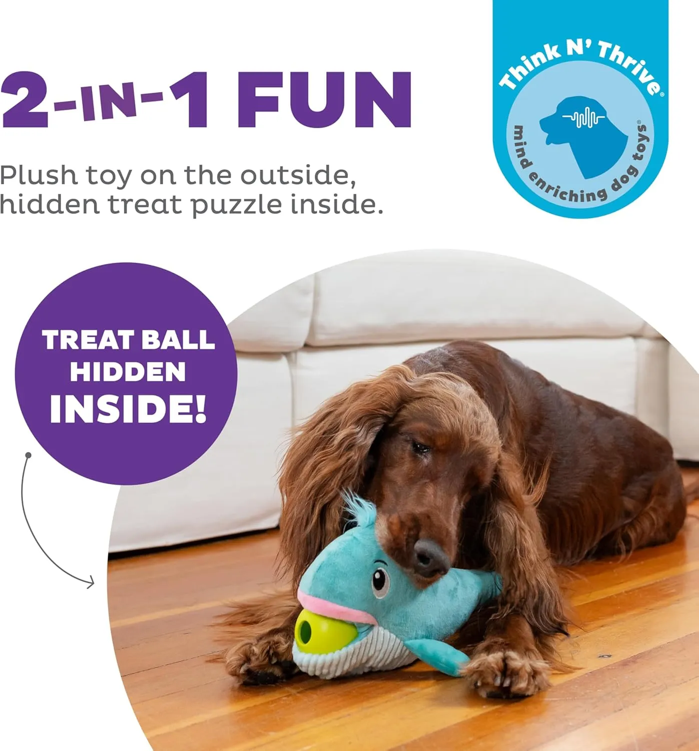 Outward Hound by Nina Ottosson Big Mouthz Interactive Plush Dog Puzzle with Treat Ball, Whale, Blue